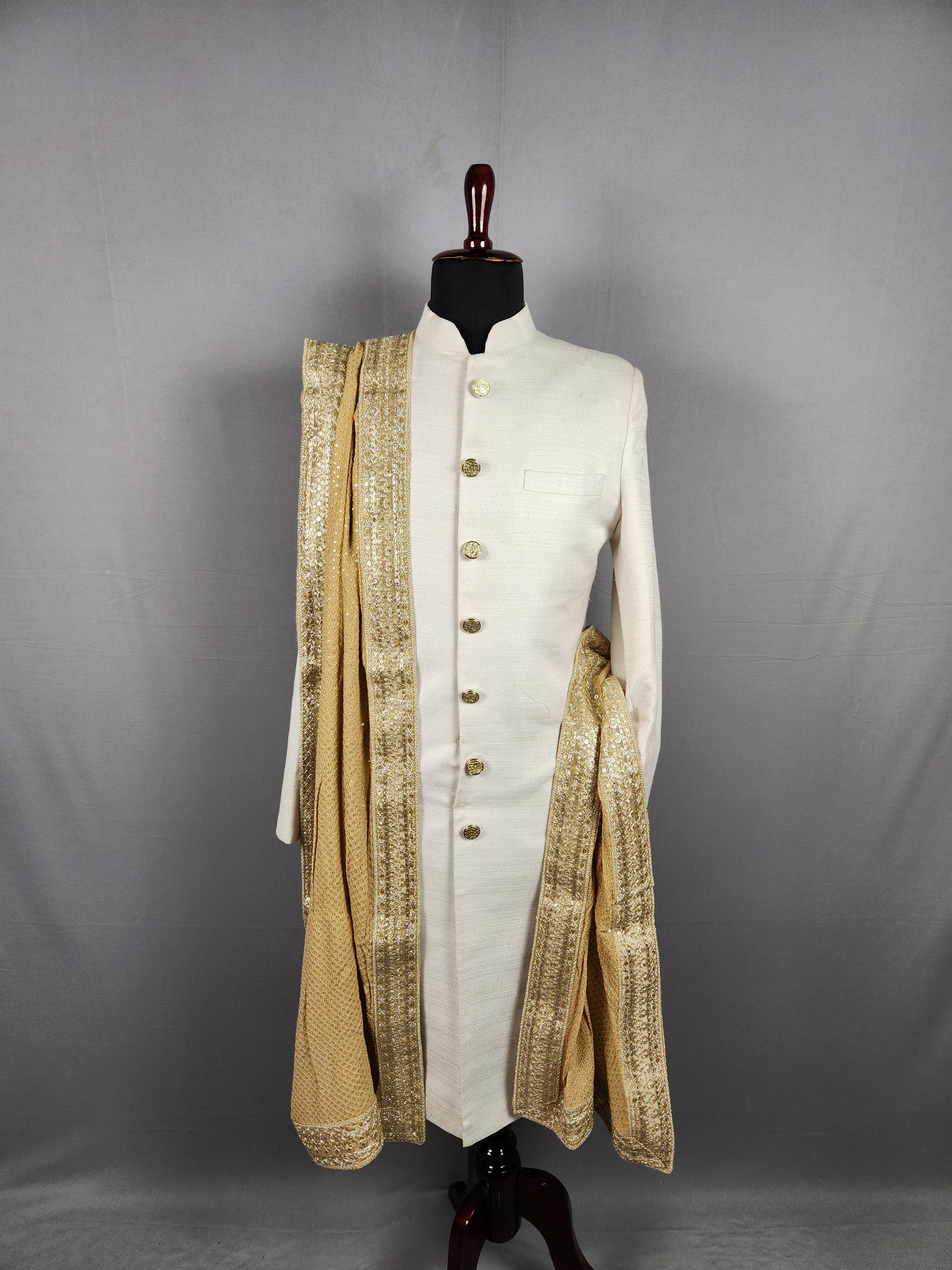 Beige Groom Shawl - Gold Embroidered Beige Stole