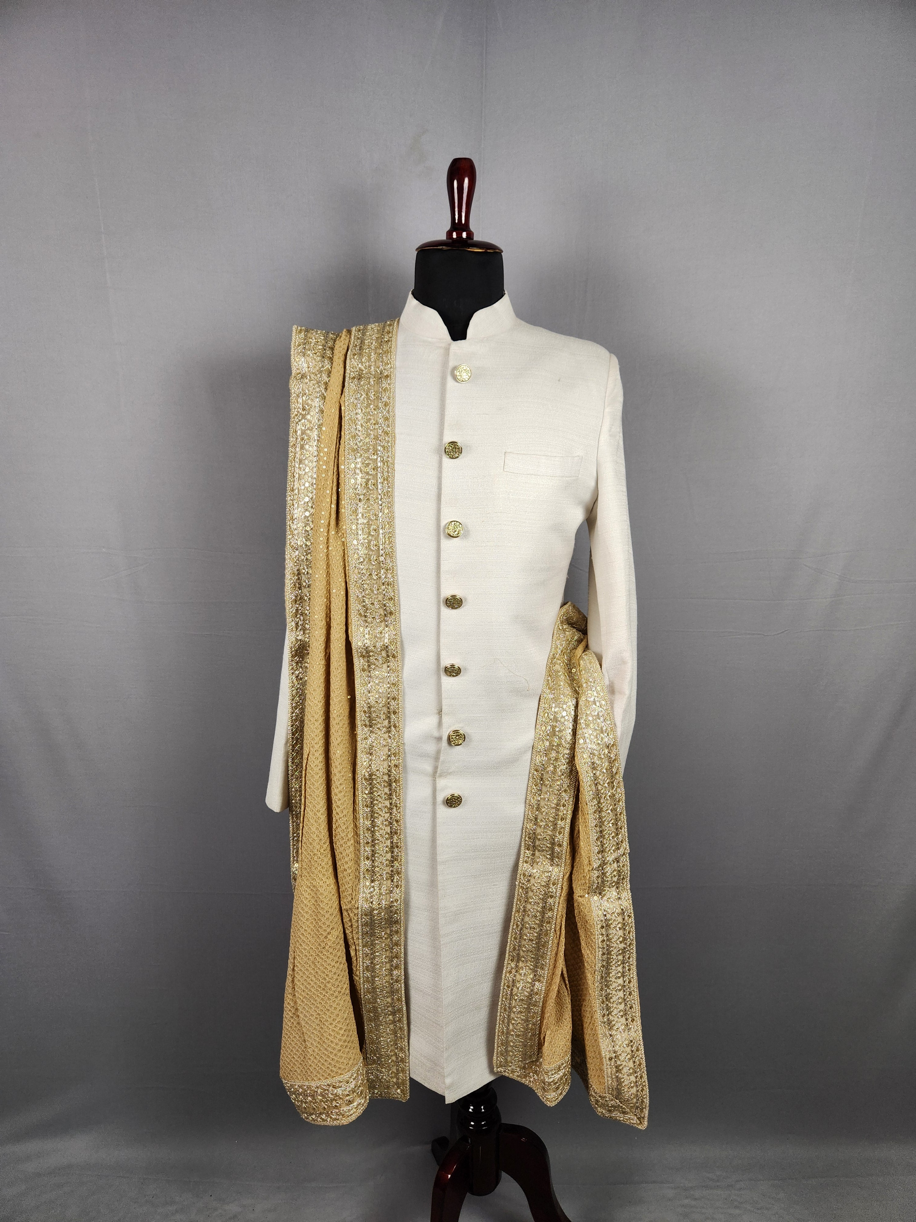 Beige Groom Shawl - Gold Embroidered Beige Stole