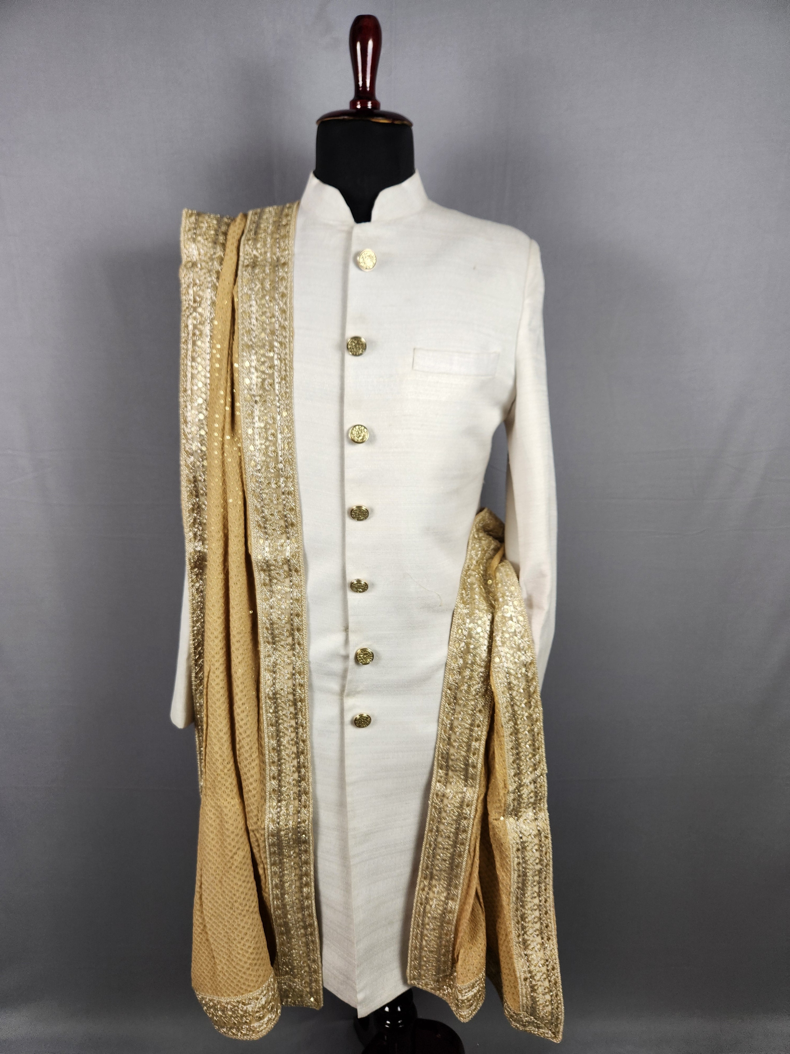 Beige Groom Shawl - Gold Embroidered Beige Stole