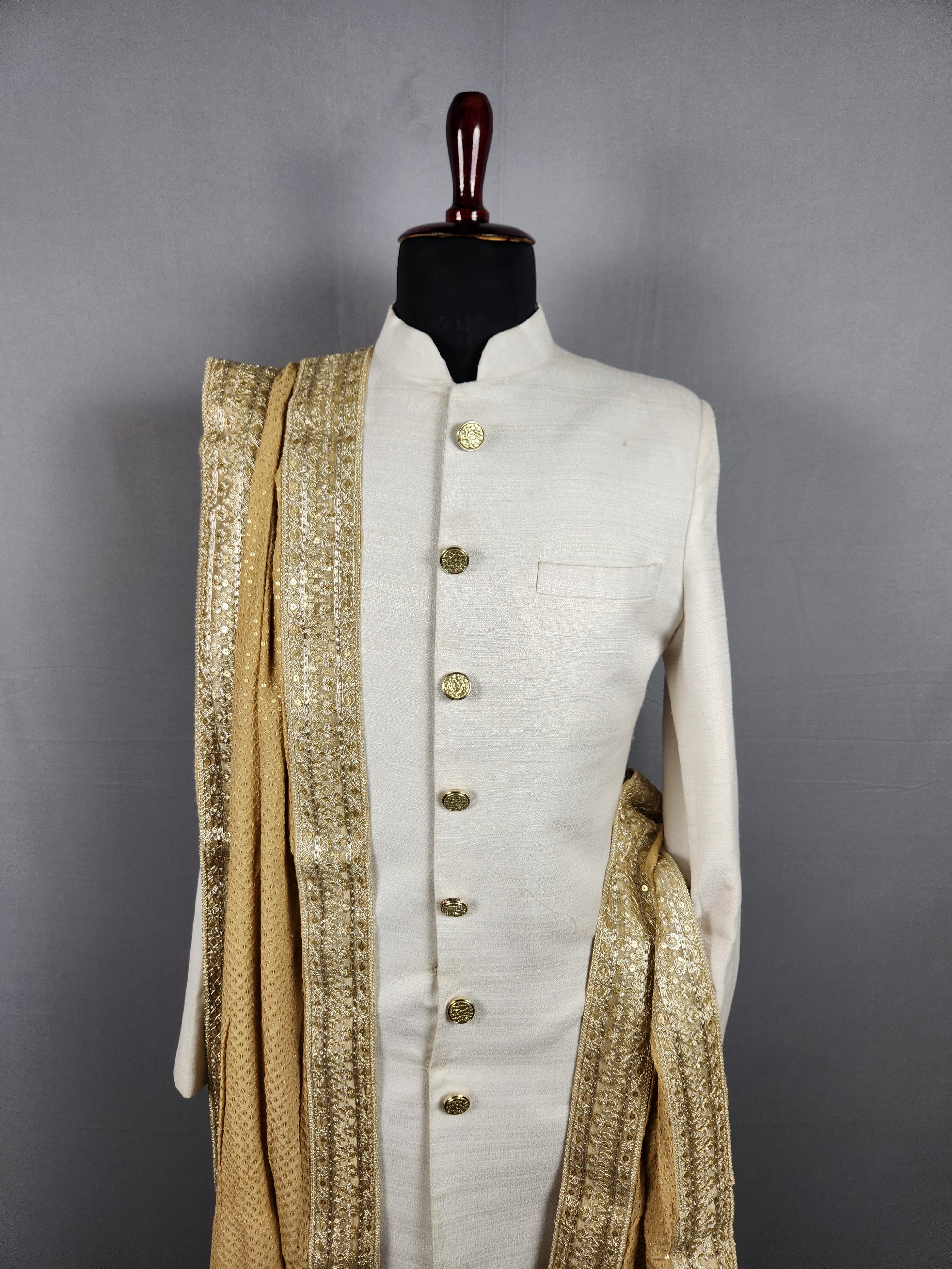 Beige Groom Shawl - Gold Embroidered Beige Stole