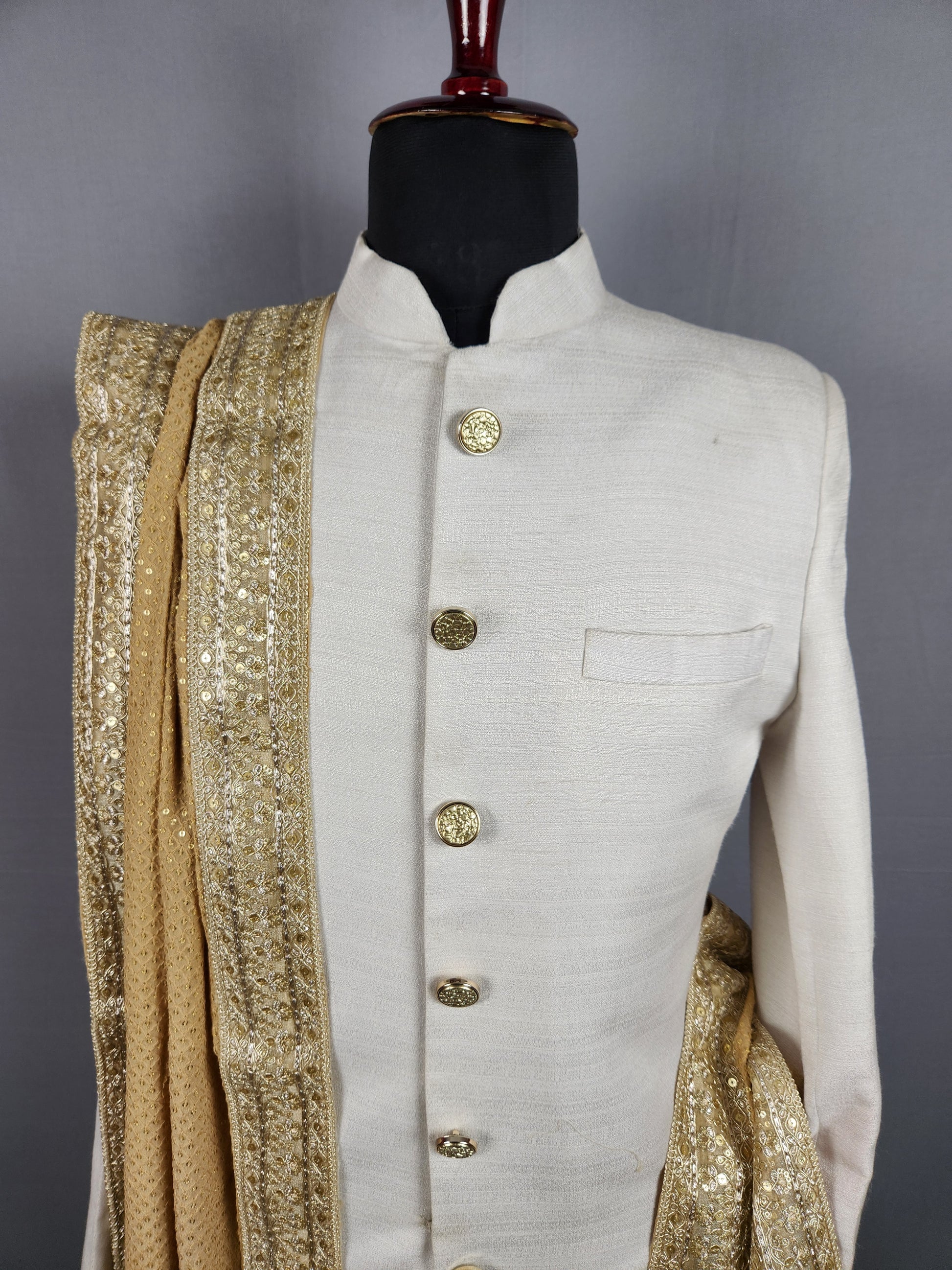 Beige Groom Shawl - Gold Embroidered Beige Stole