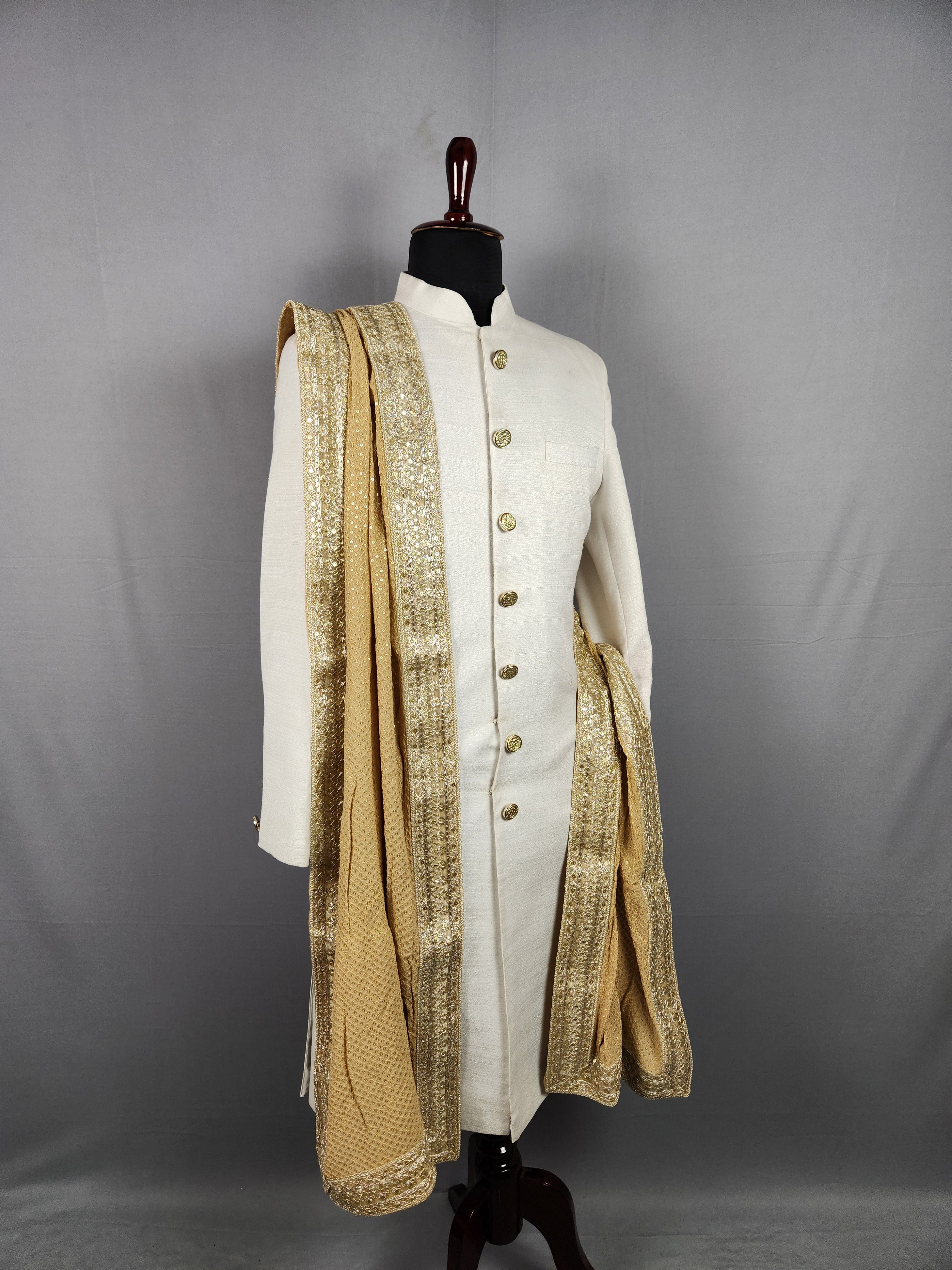 Beige Groom Shawl - Gold Embroidered Beige Stole