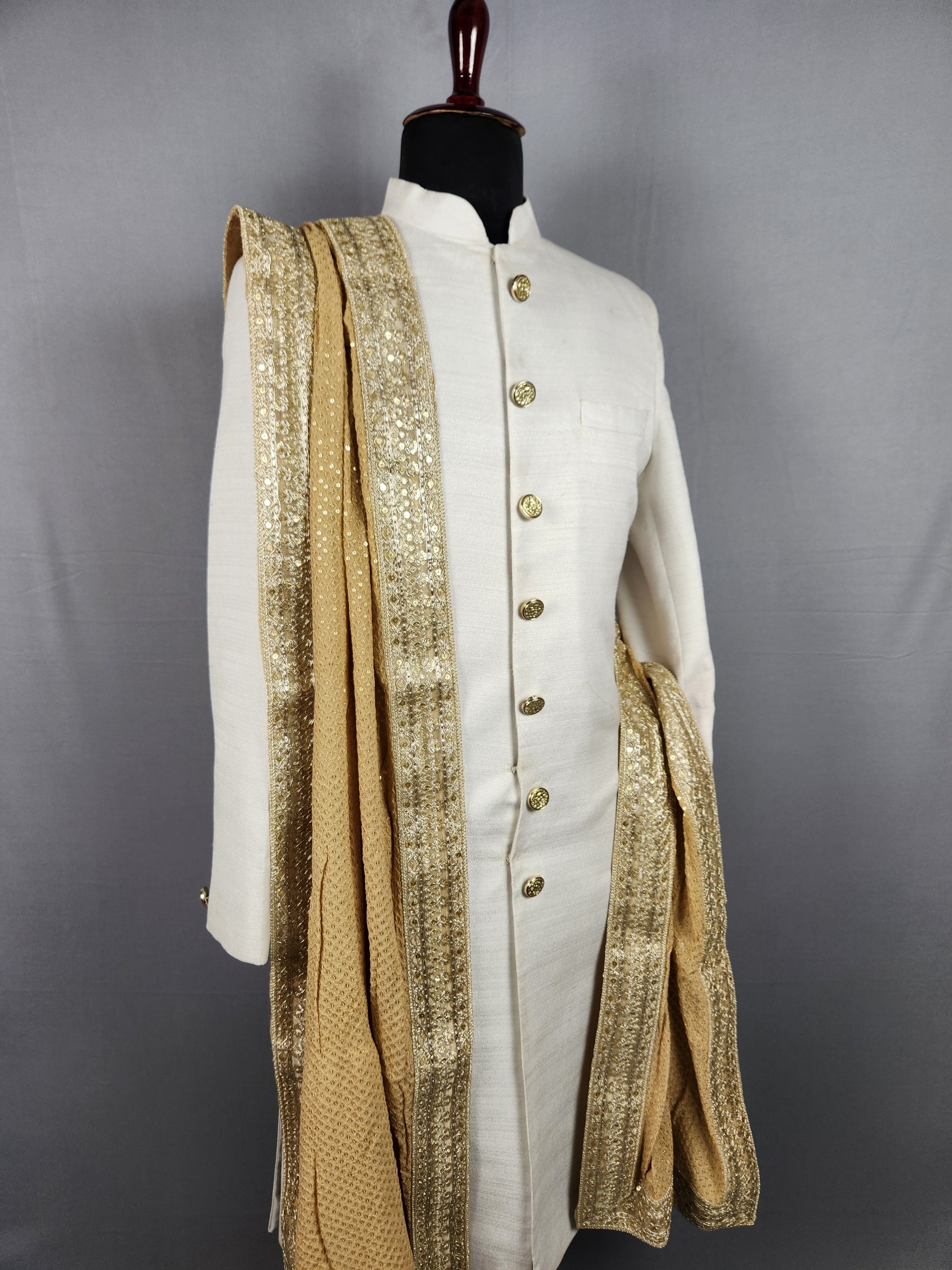 Beige Groom Shawl - Gold Embroidered Beige Stole