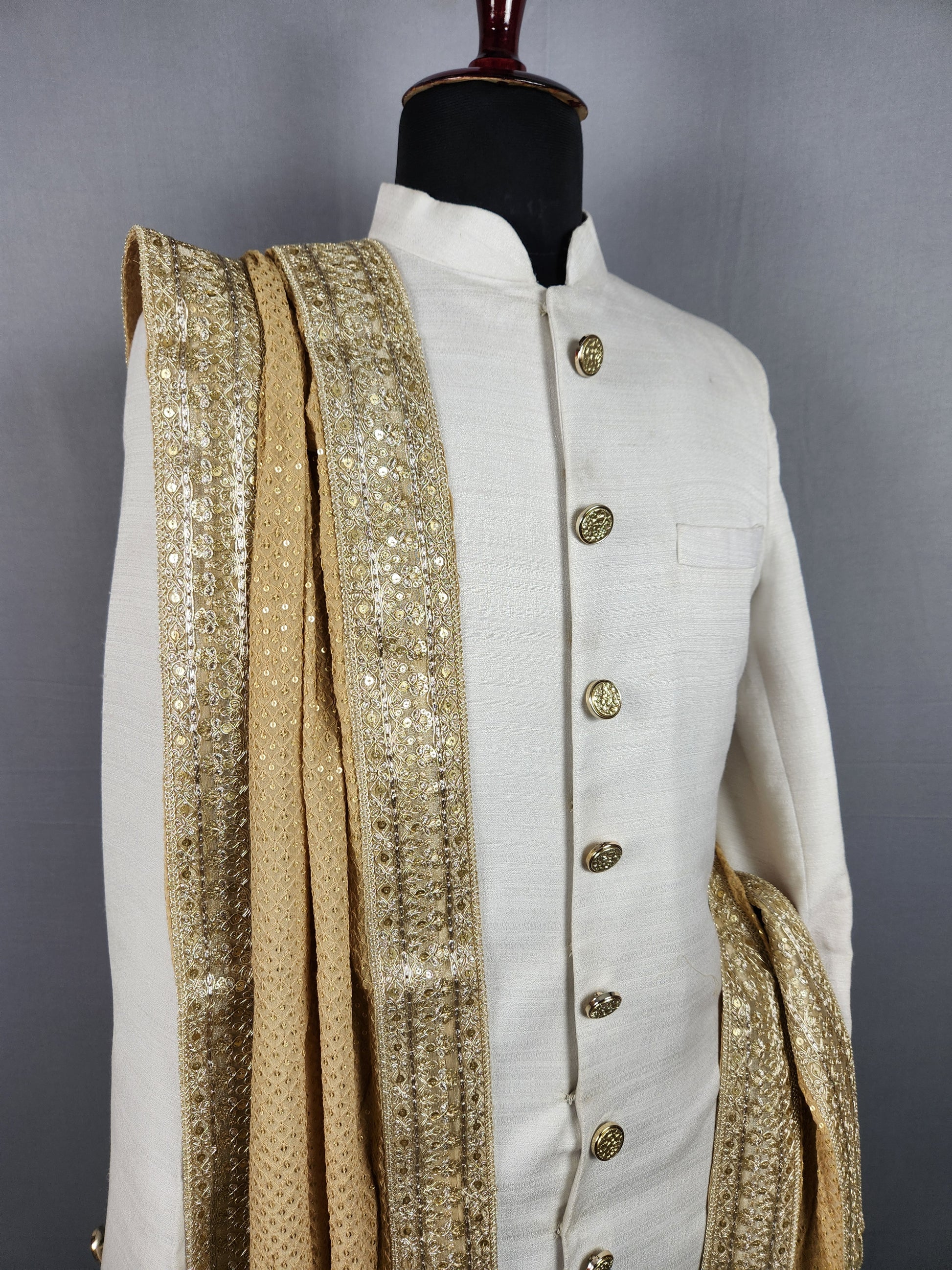 Beige Groom Shawl - Gold Embroidered Beige Stole