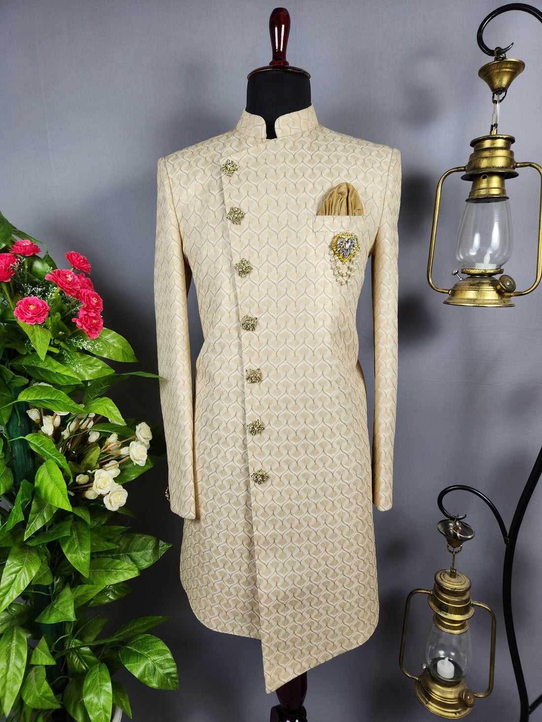 Beige Indo-Western Sherwani for Groom  -   Indian Wedding Outfit for Men