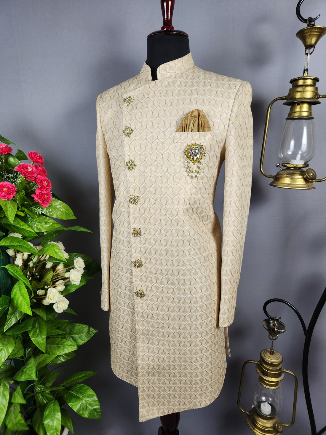 Beige Indo-Western Sherwani for Groom  -   Indian Wedding Outfit for Men