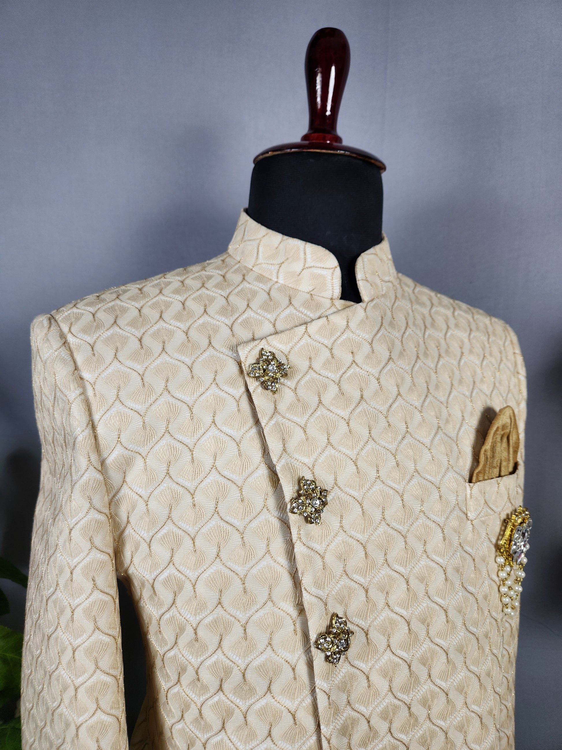 Beige Indo-Western Sherwani for Groom  -   Indian Wedding Outfit for Men