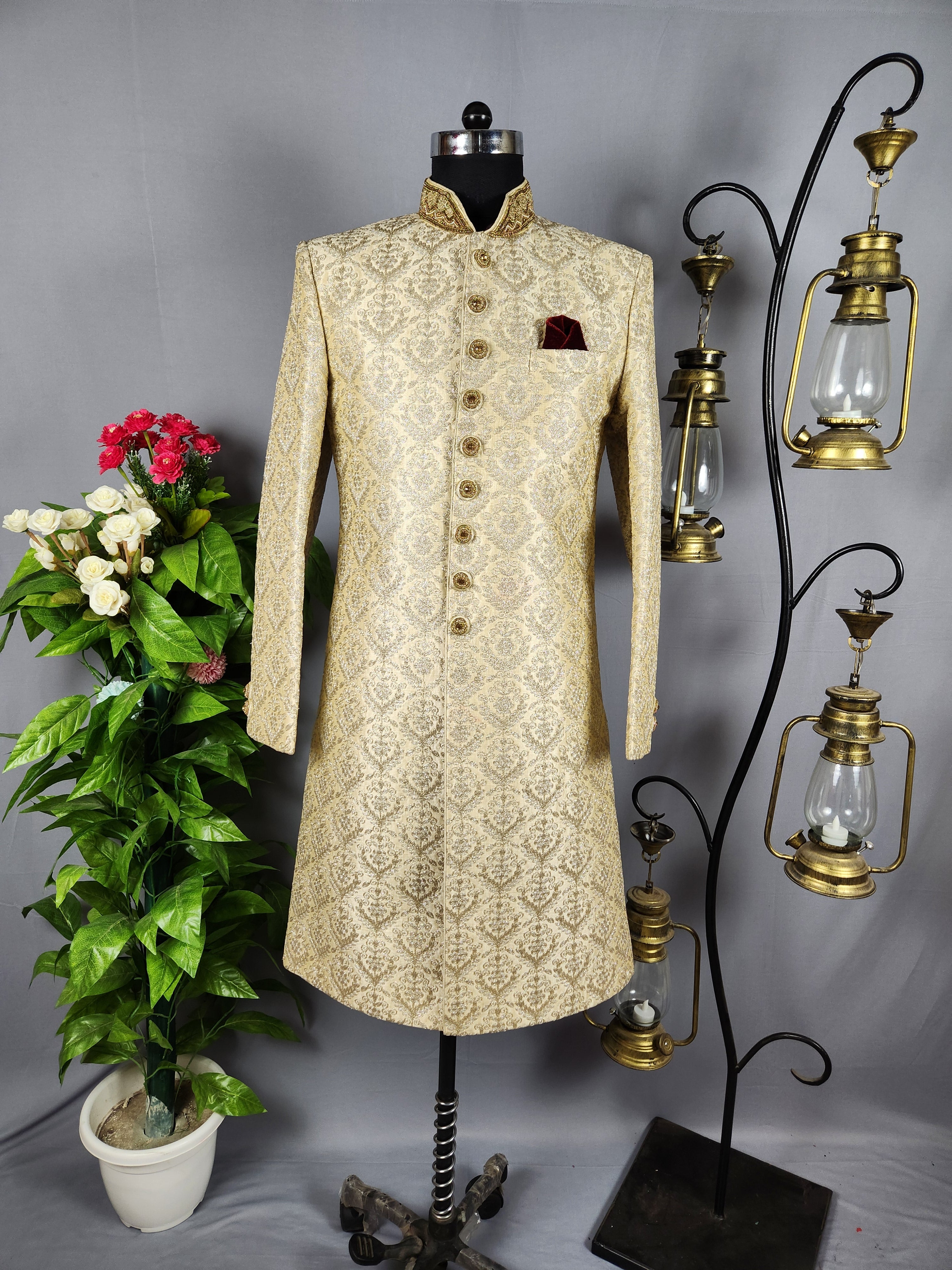 Beige Wedding Groom Sherwani with Silver Thread Work
