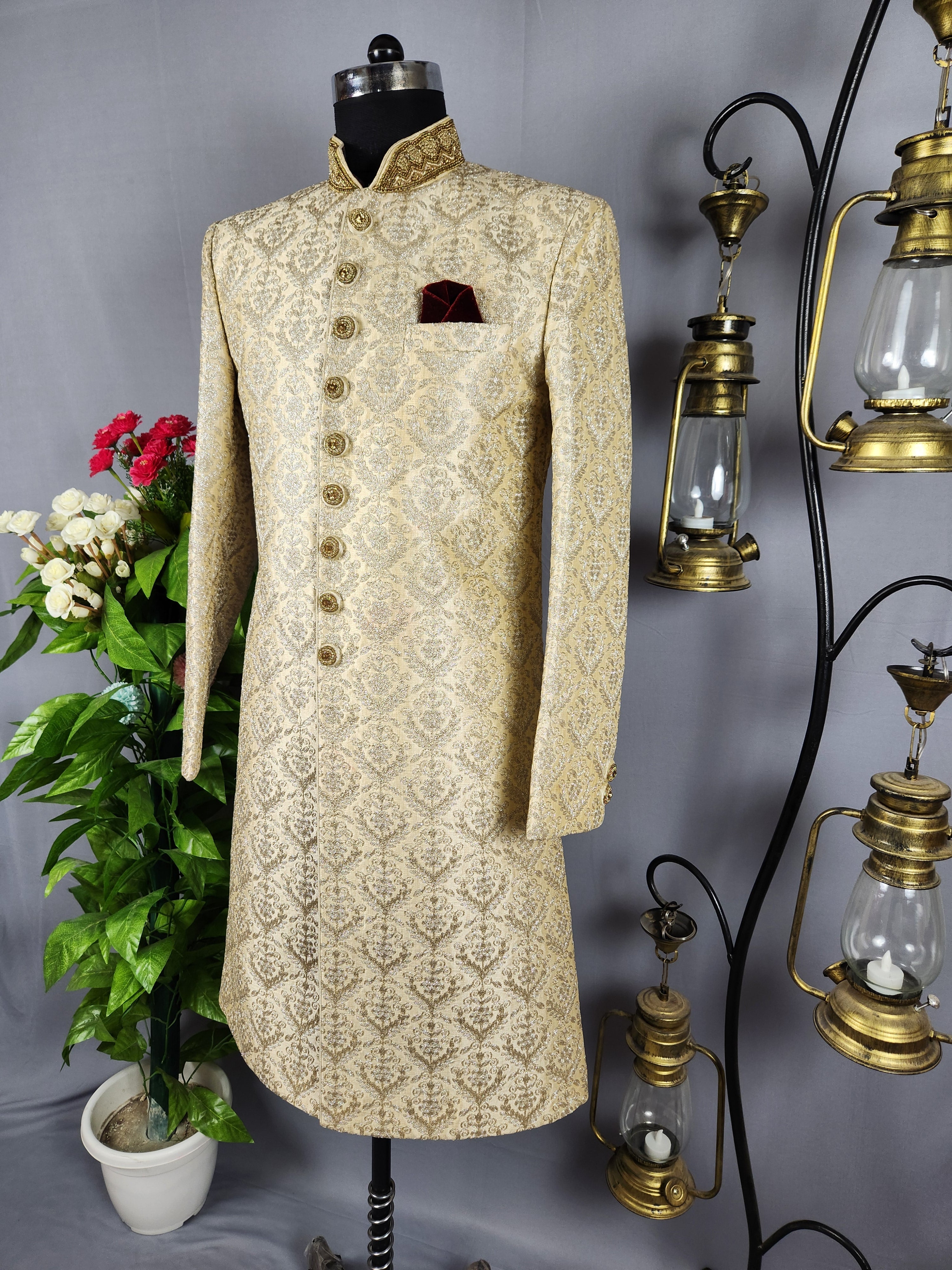 Beige Wedding Groom Sherwani - Silver Thread Work