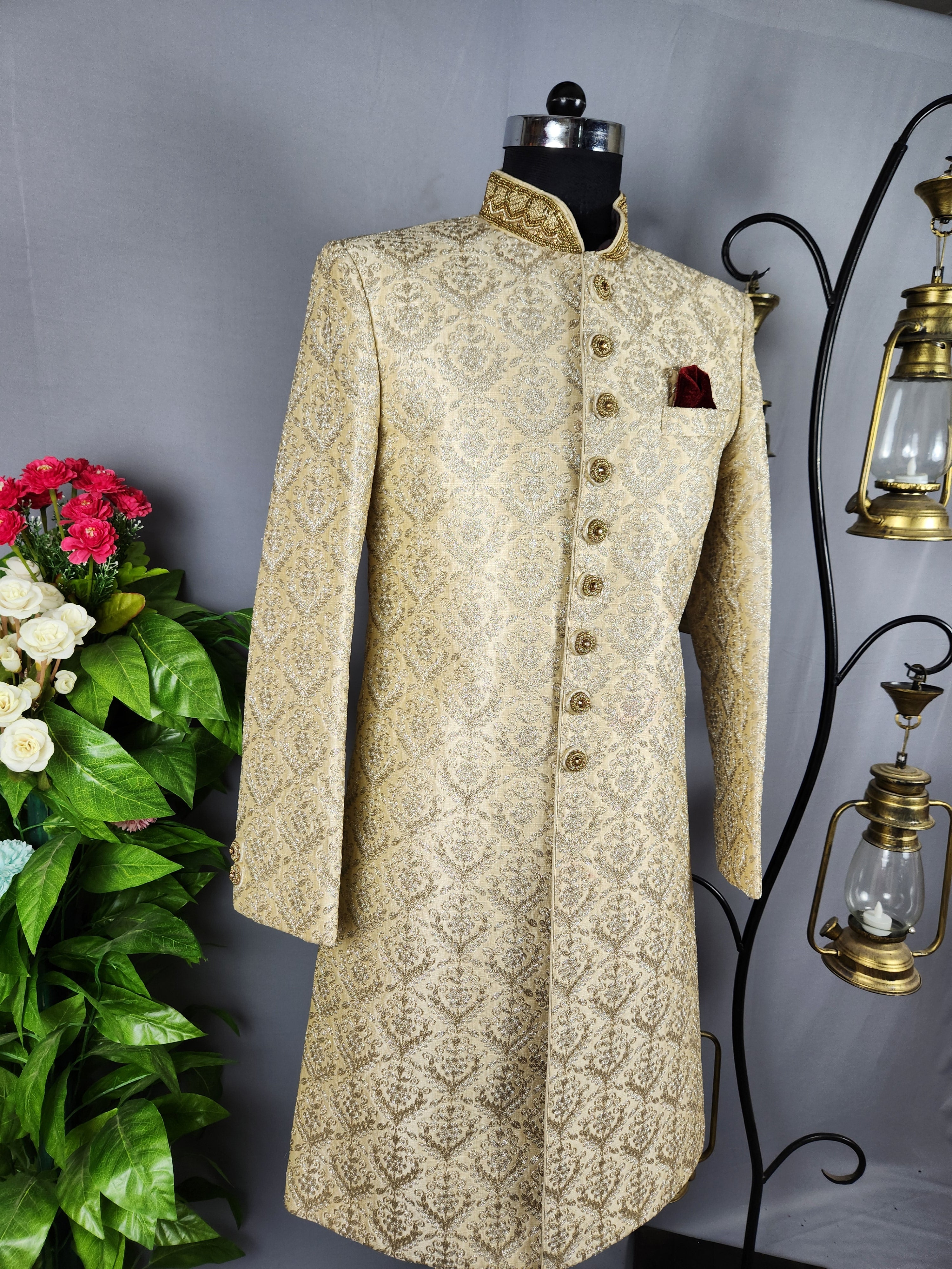 Beige Wedding Groom Sherwani - Silver Thread Work