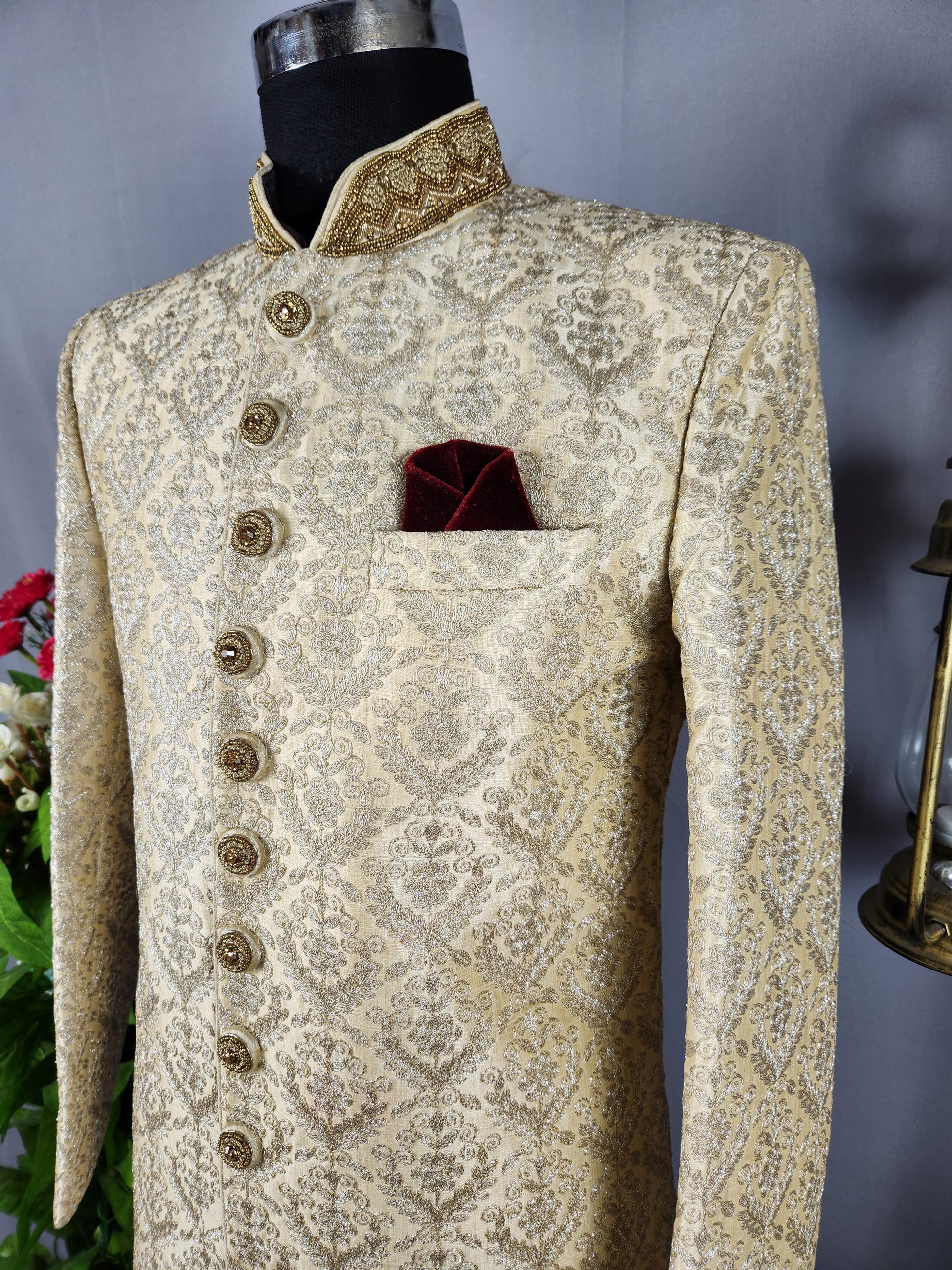 Beige Wedding Groom Sherwani - Silver Thread Work