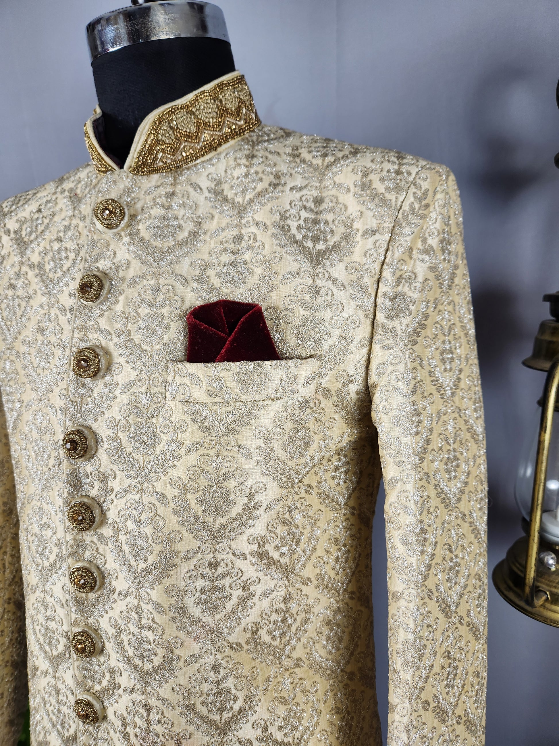 Beige Wedding Groom Sherwani - Silver Thread Work