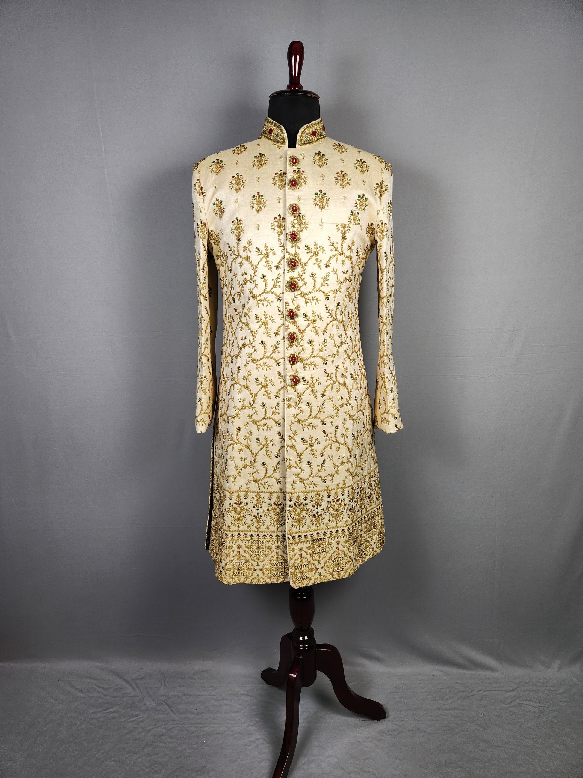 Beige Wedding Groom Sherwani with Red Green Motif Embroidery