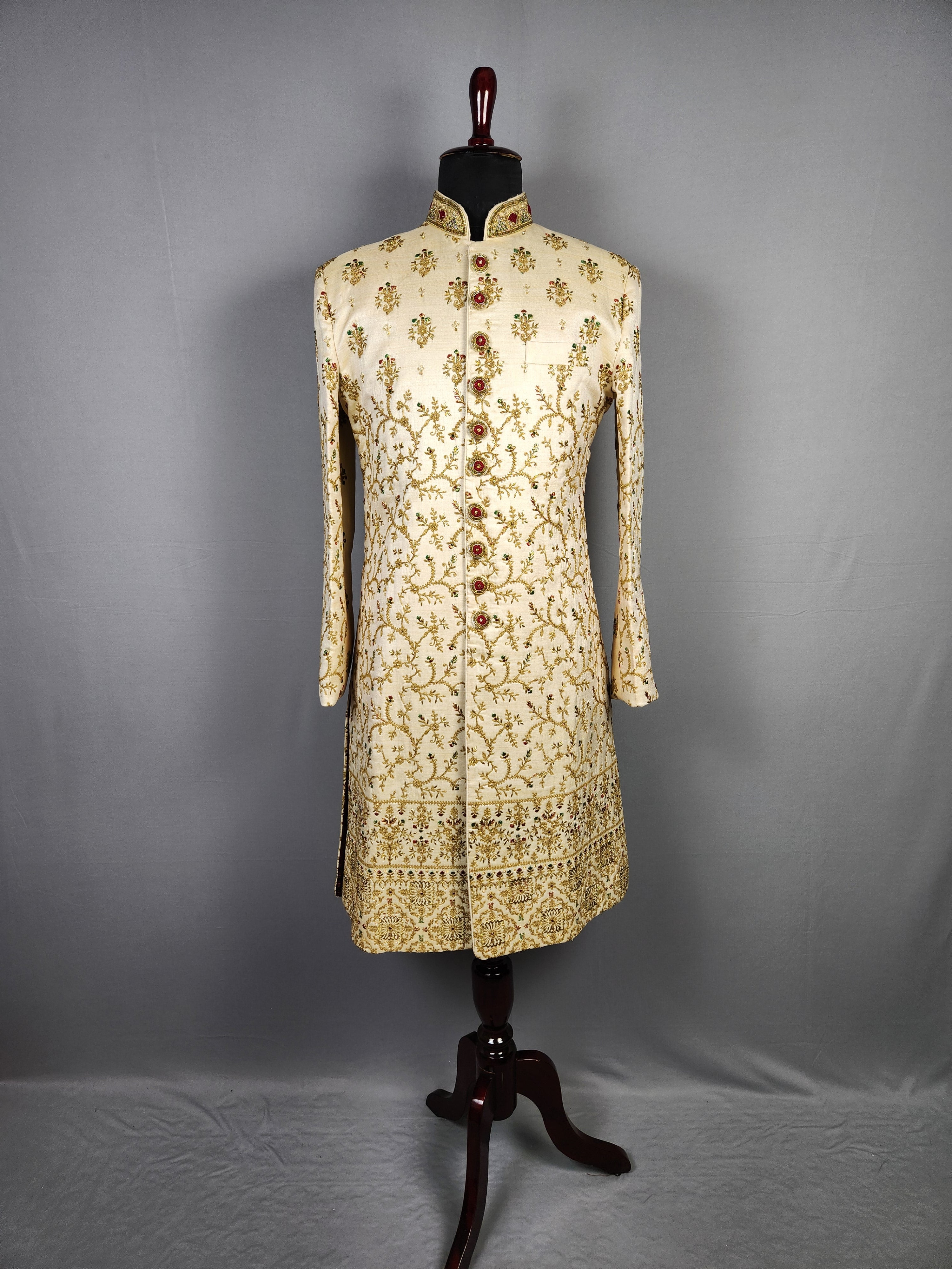 Beige Wedding Groom Sherwani with Red Green Motif Embroidery