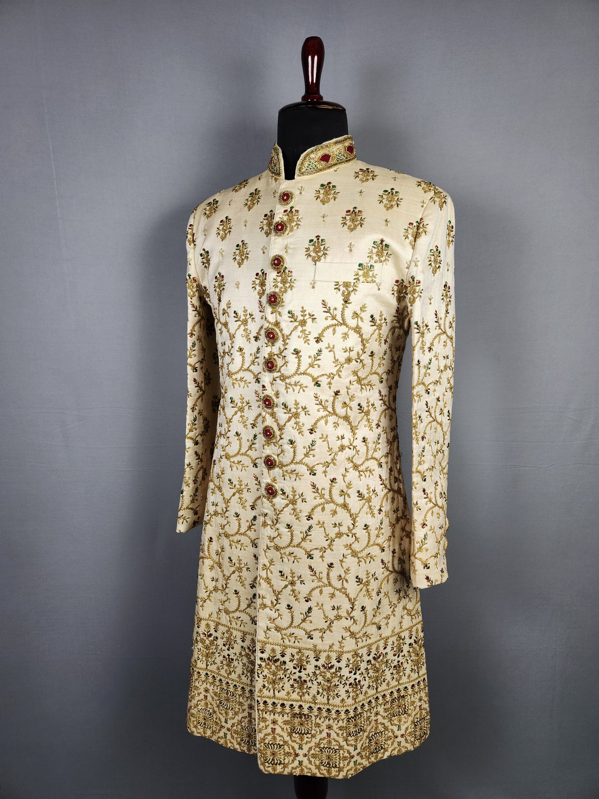 Beige Wedding Groom Sherwani with Red Green Motif Embroidery