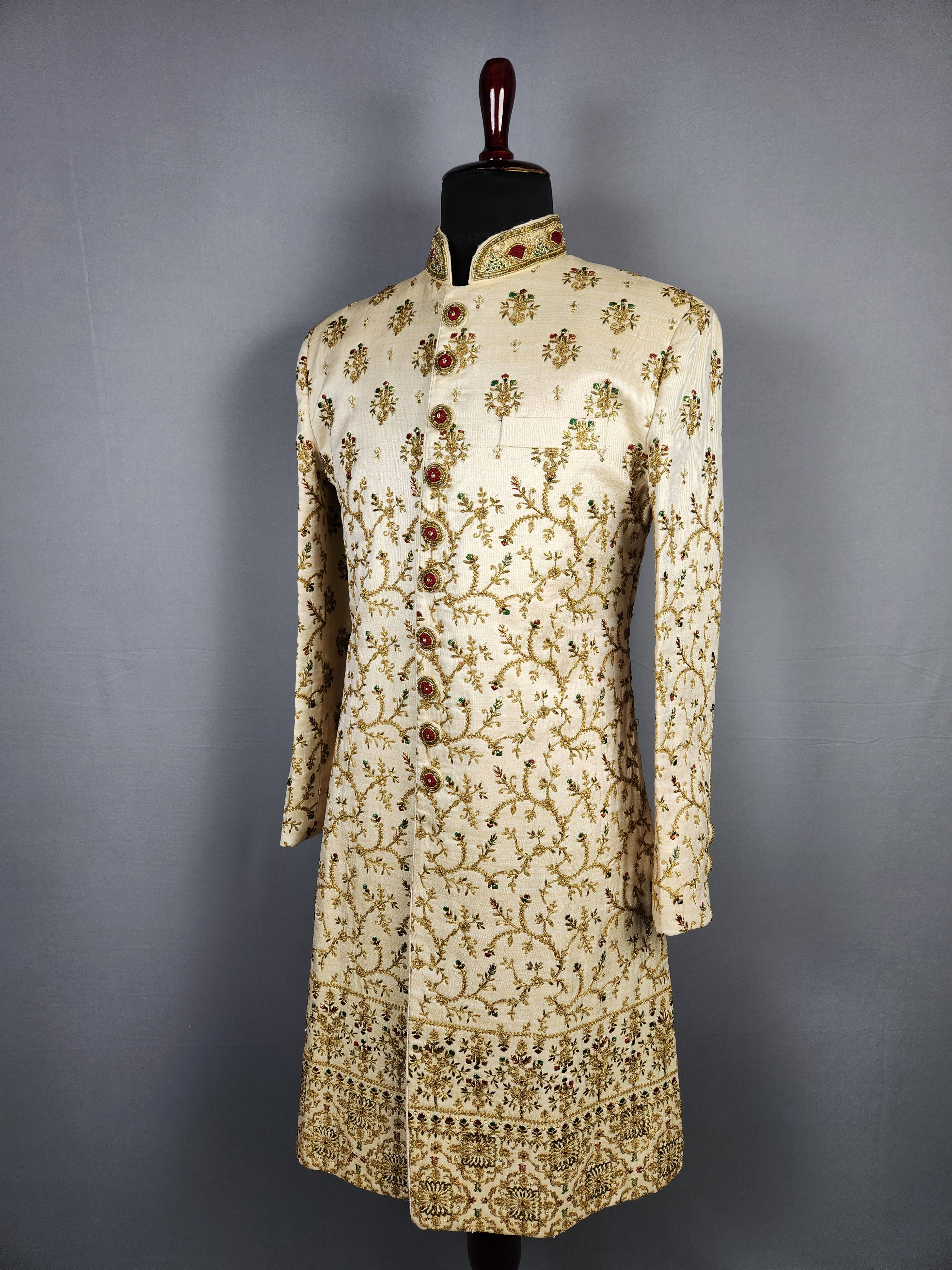 Beige Wedding Groom Sherwani with Red Green Motif Embroidery
