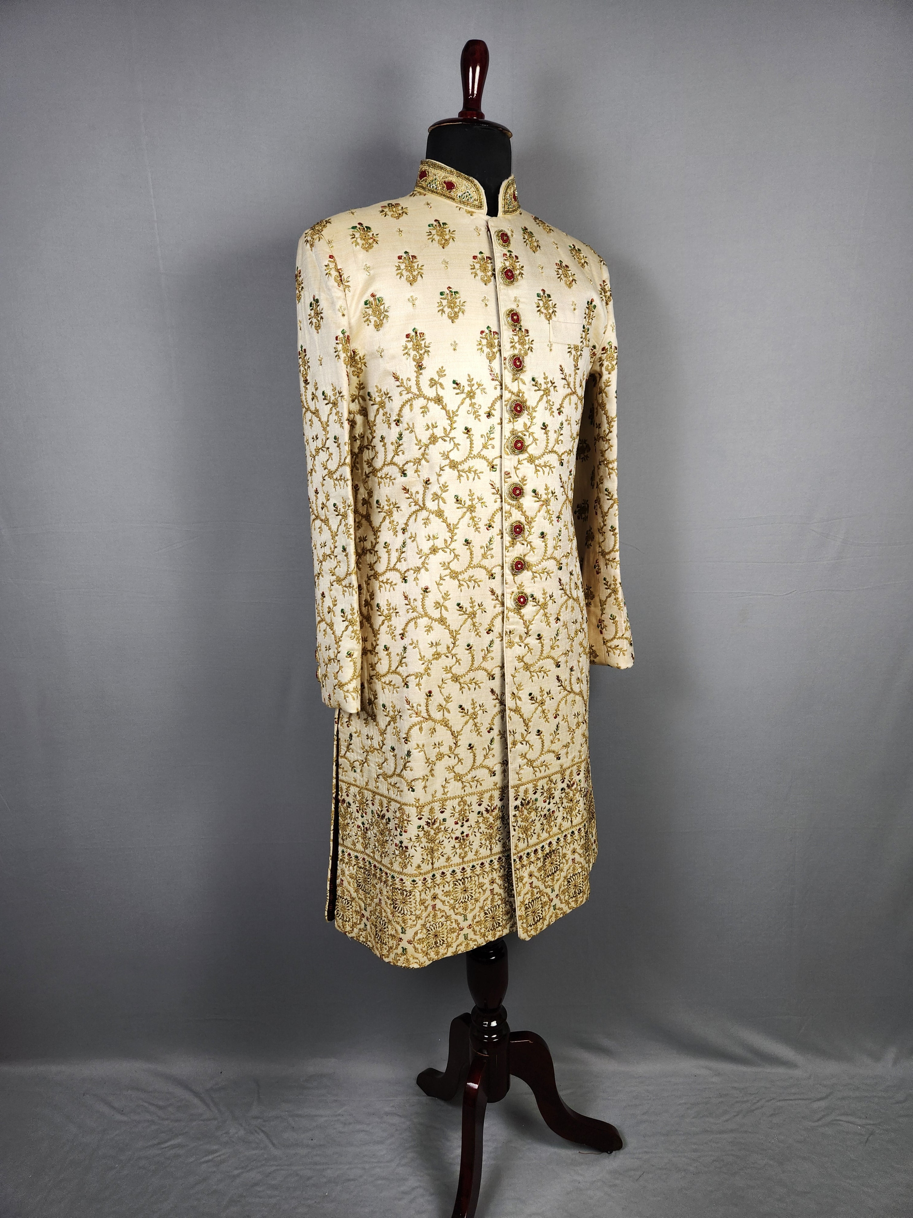 Beige Wedding Groom Sherwani with Red Green Motif Embroidery