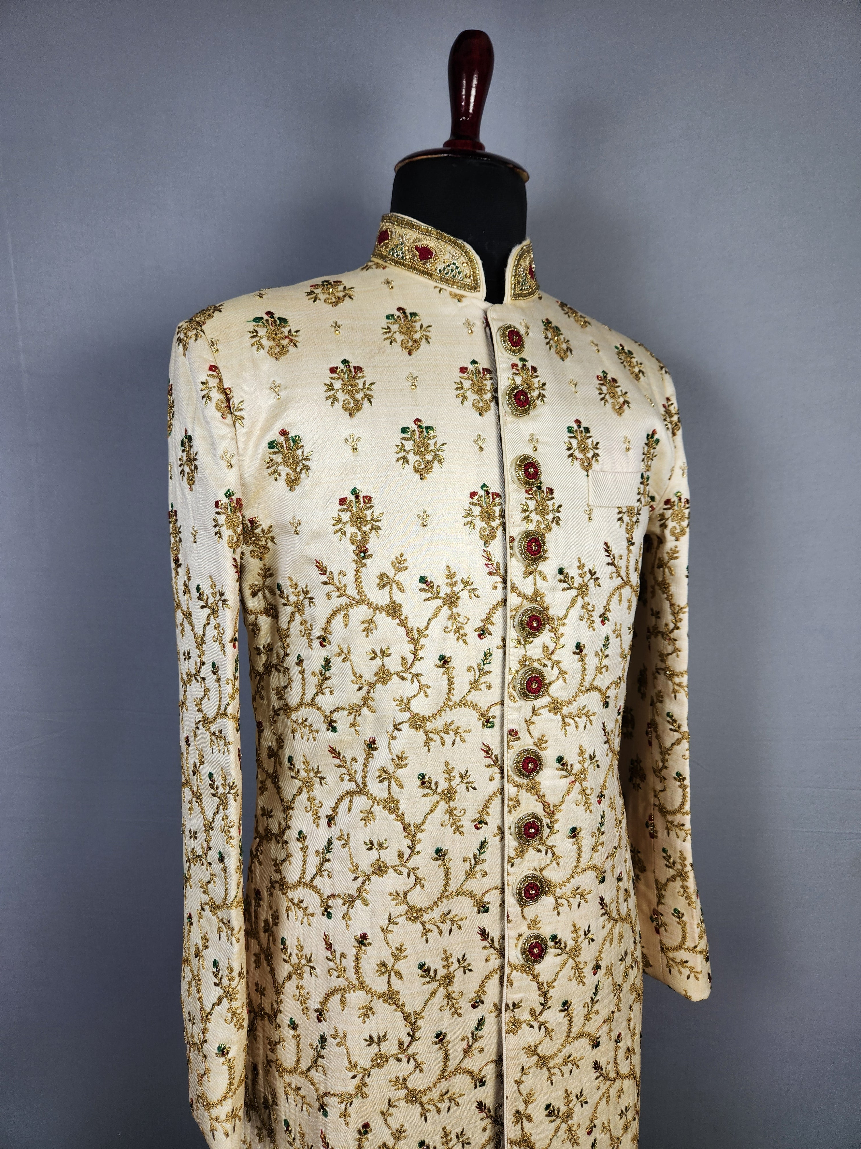 Beige Wedding Groom Sherwani with Red Green Motif Embroidery