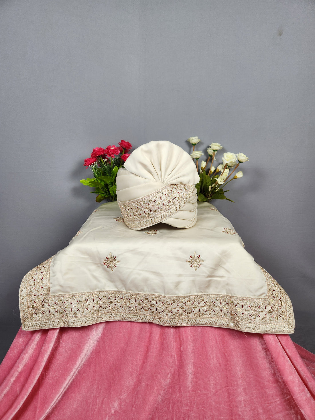 Beige Groom Turban Shawl Set