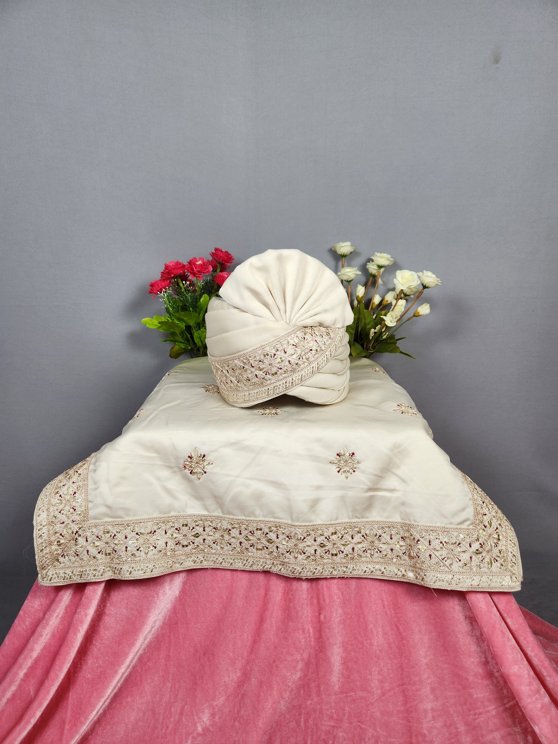 Beige Groom Turban Shawl Set