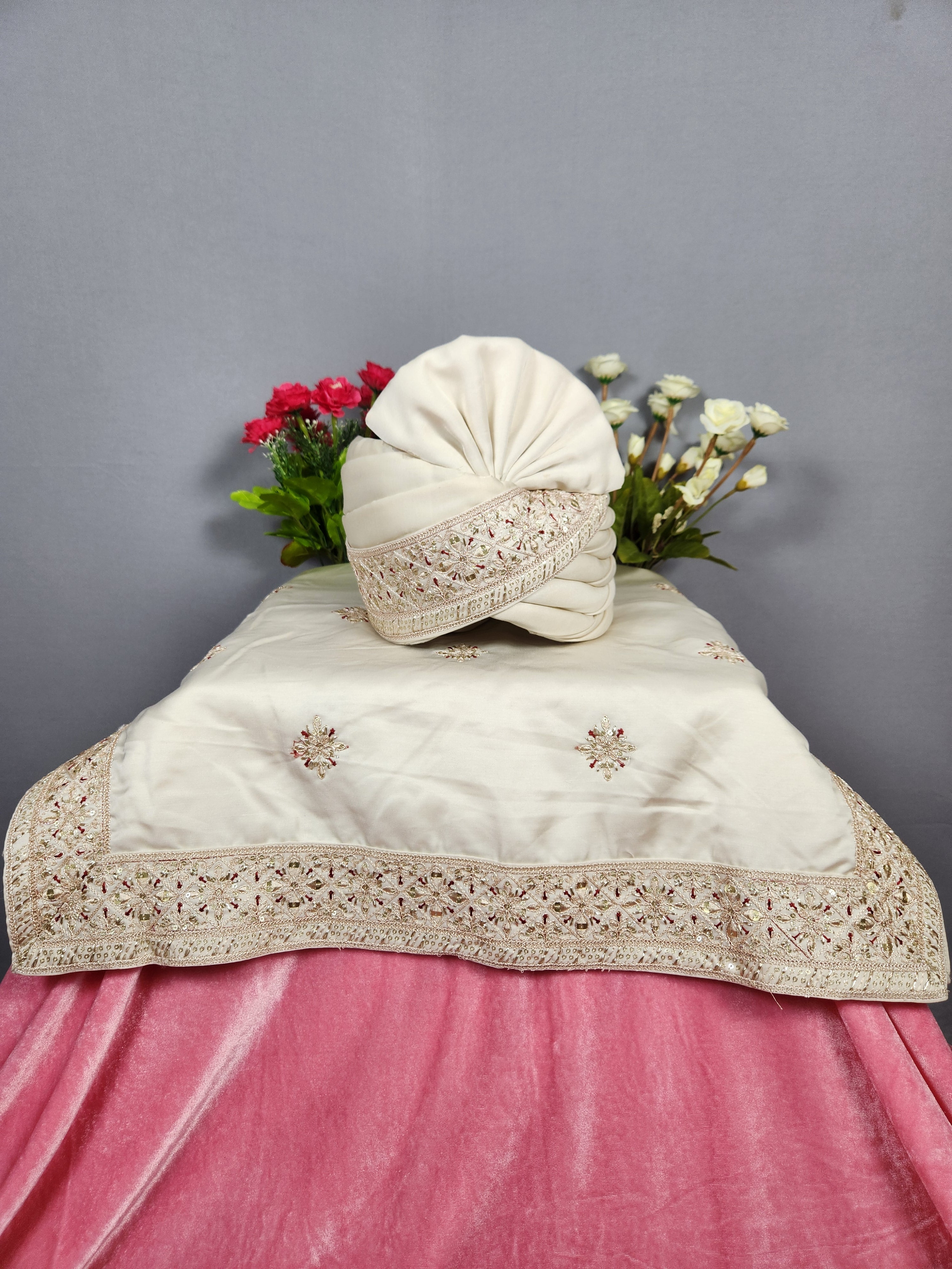 Beige Groom Turban Shawl Set