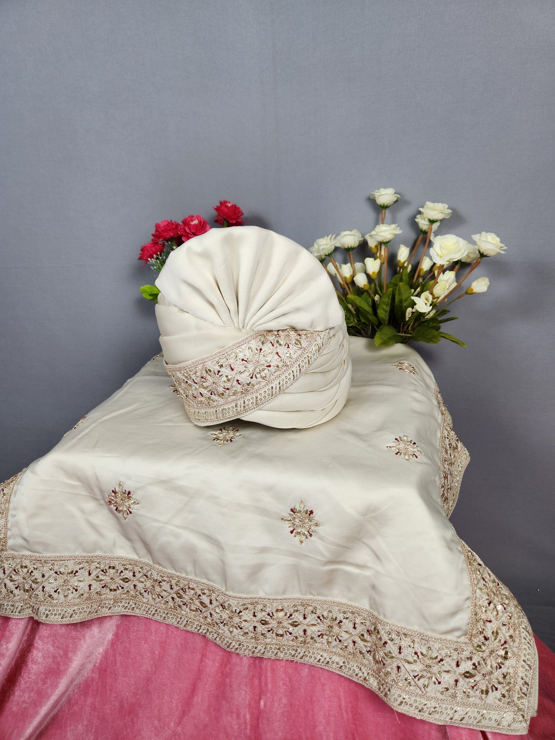 Beige Groom Turban Shawl Set