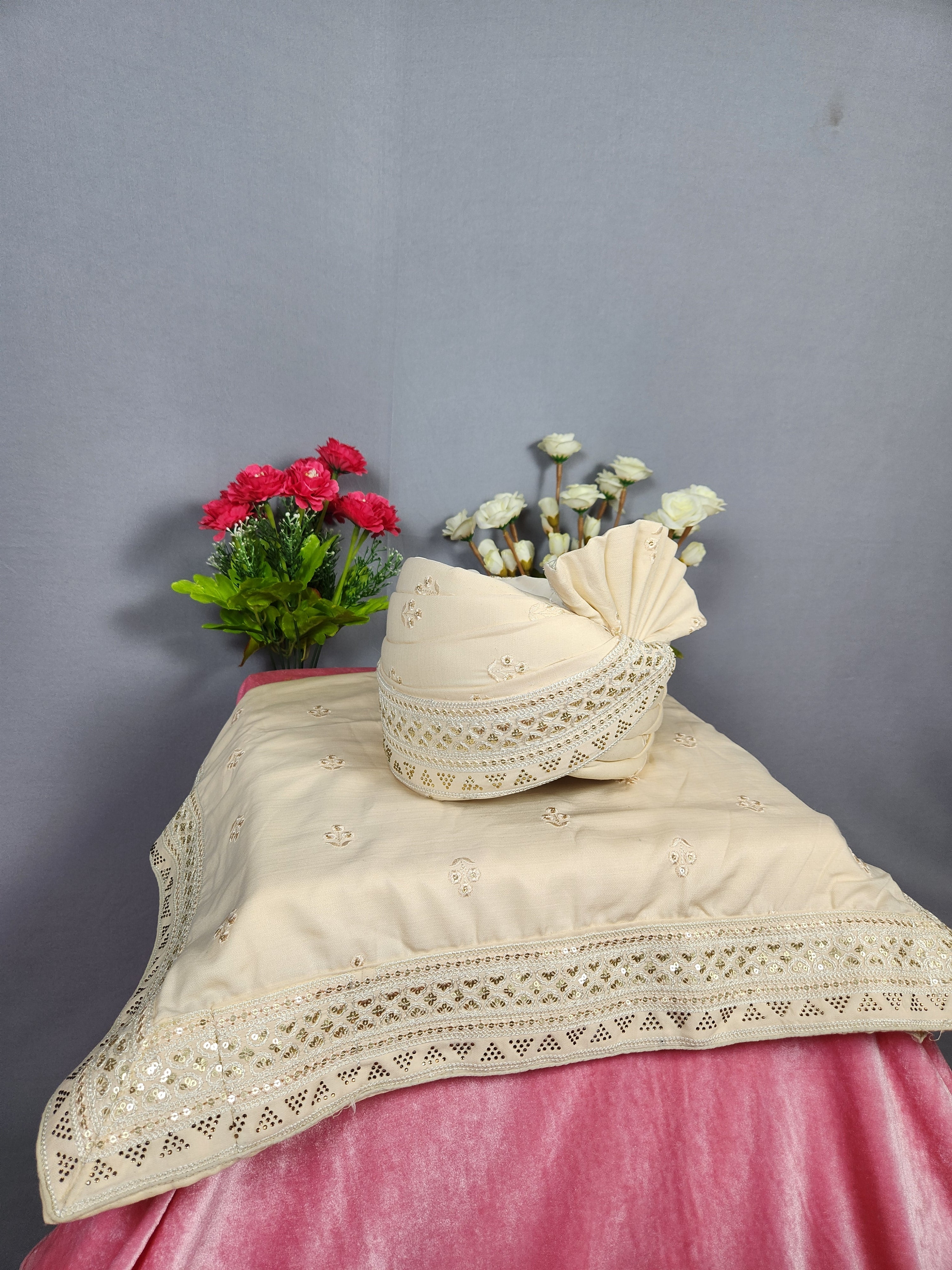 Beige Groom Turban Shawl SET