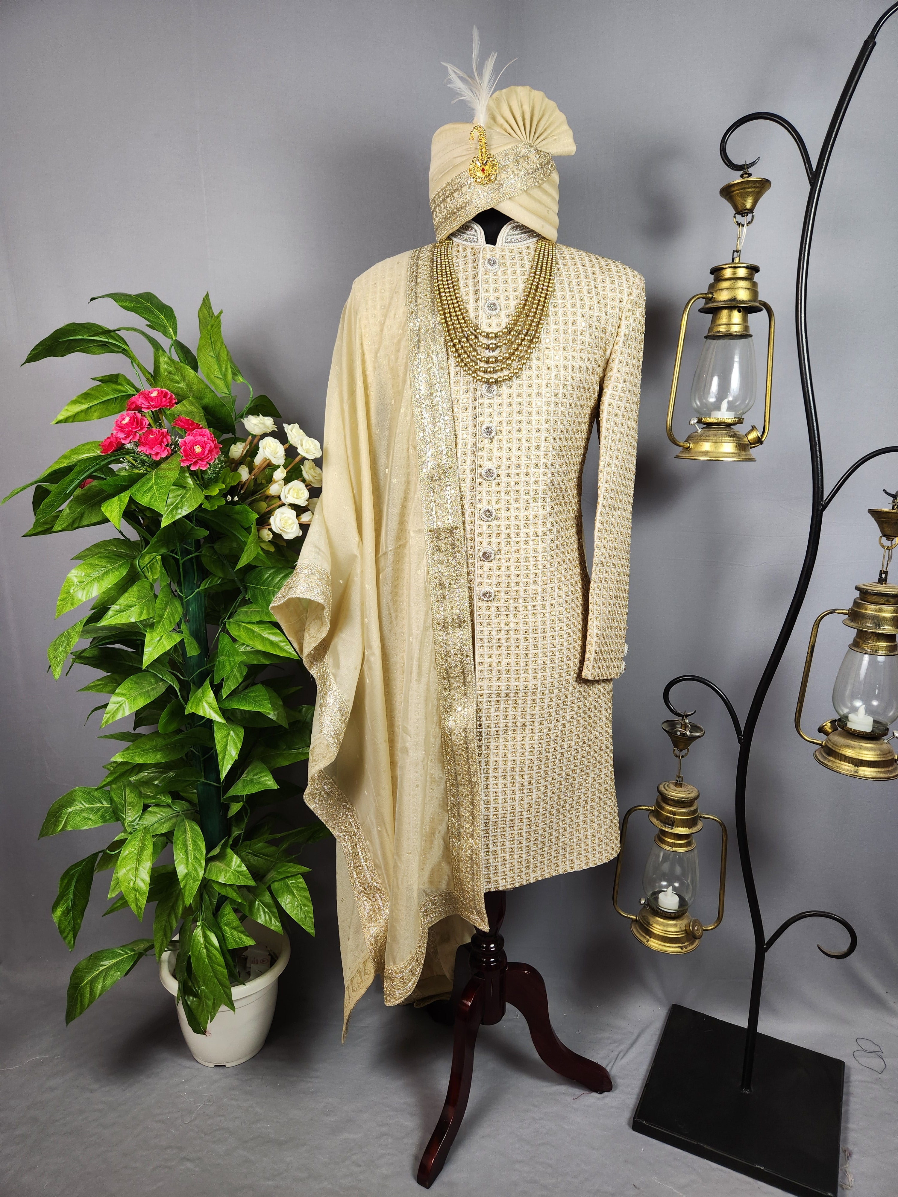Beige Sherwani for Groom  -   Indian Wedding Outfit for Men