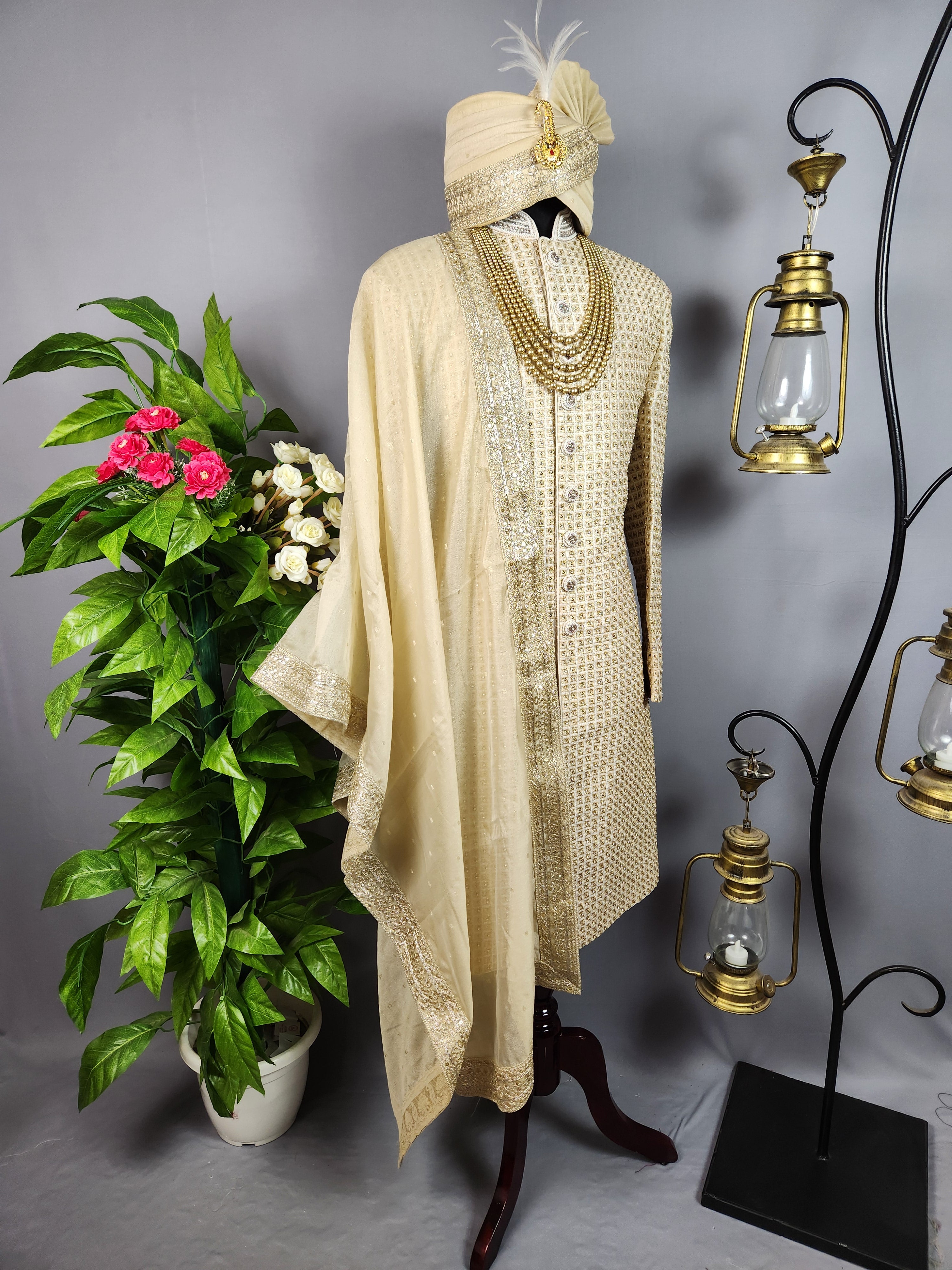 Beige Sherwani for Groom  -   Indian Wedding Outfit for Men