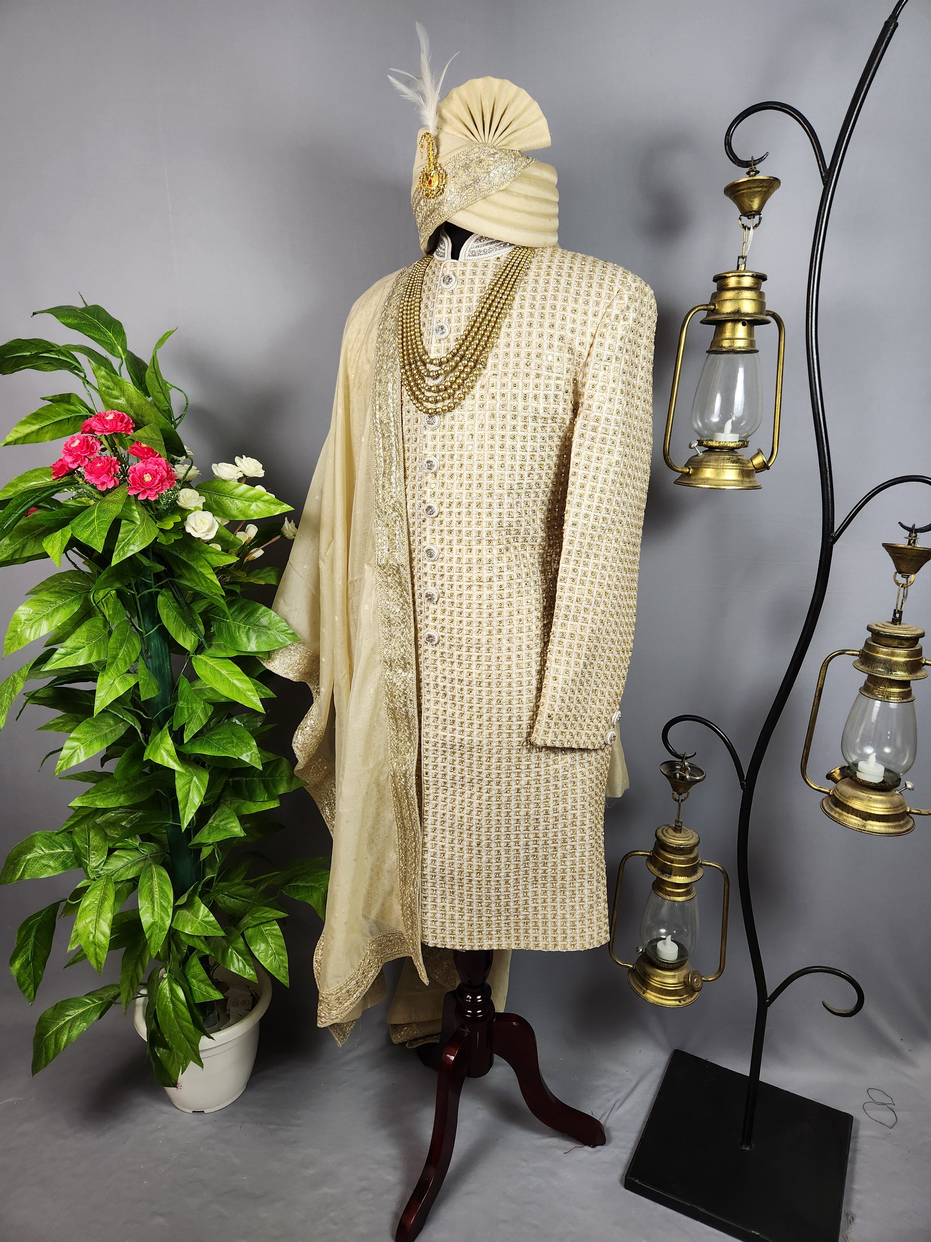 Beige Sherwani for Groom  -   Indian Wedding Outfit for Men