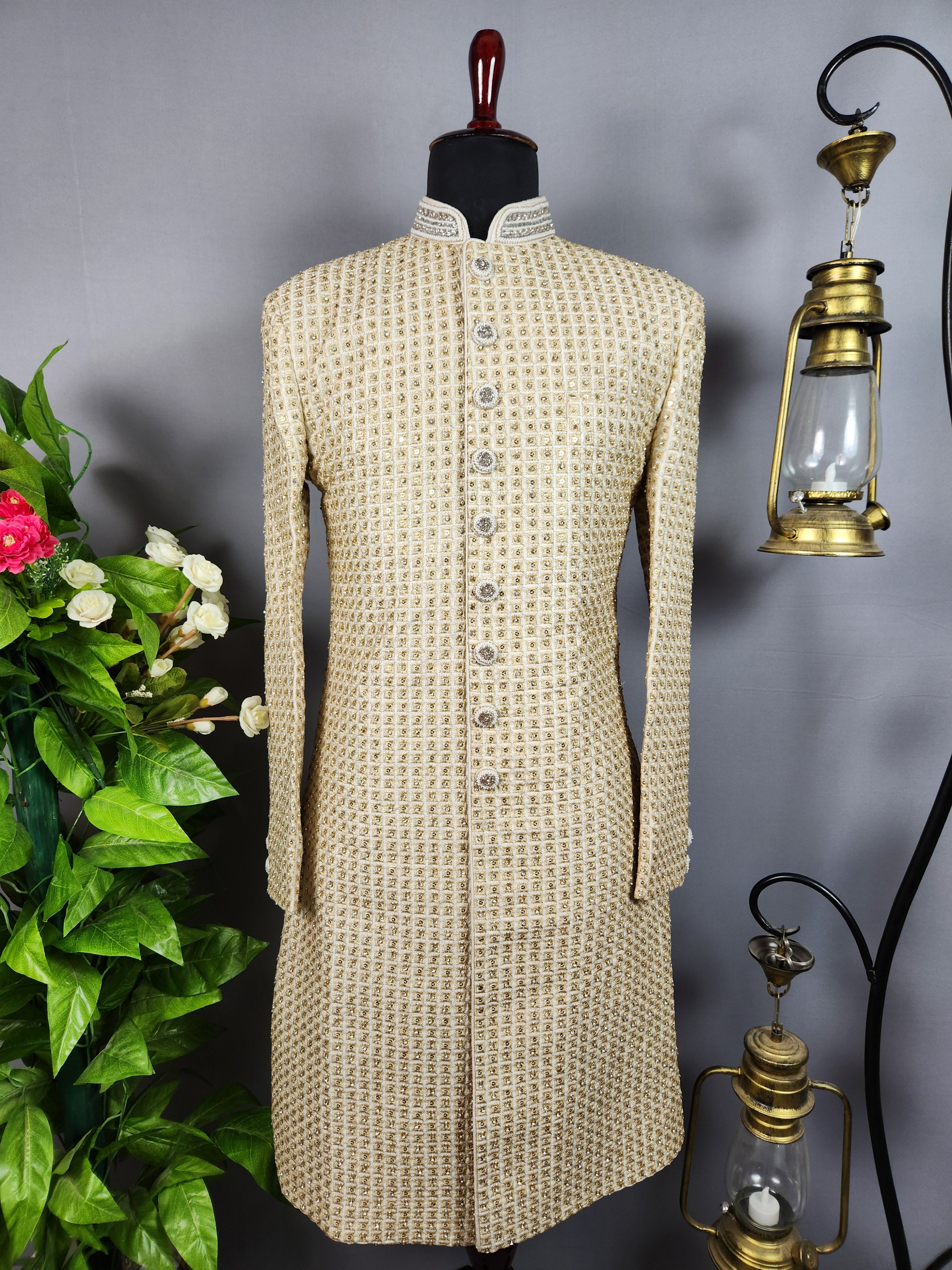 Beige Sherwani for Groom  -   Indian Wedding Outfit for Men