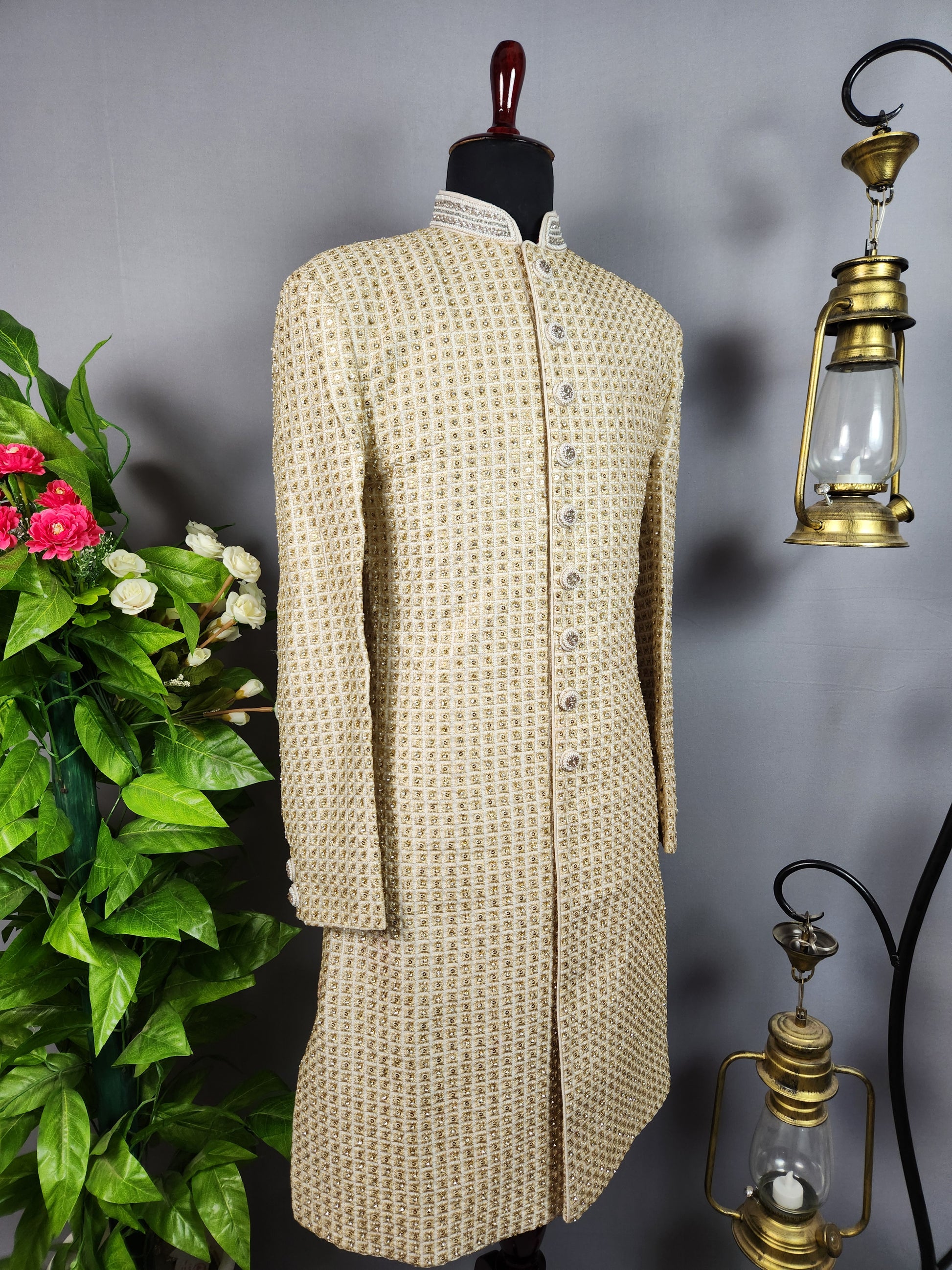 Beige Sherwani for Groom  -   Indian Wedding Outfit for Men