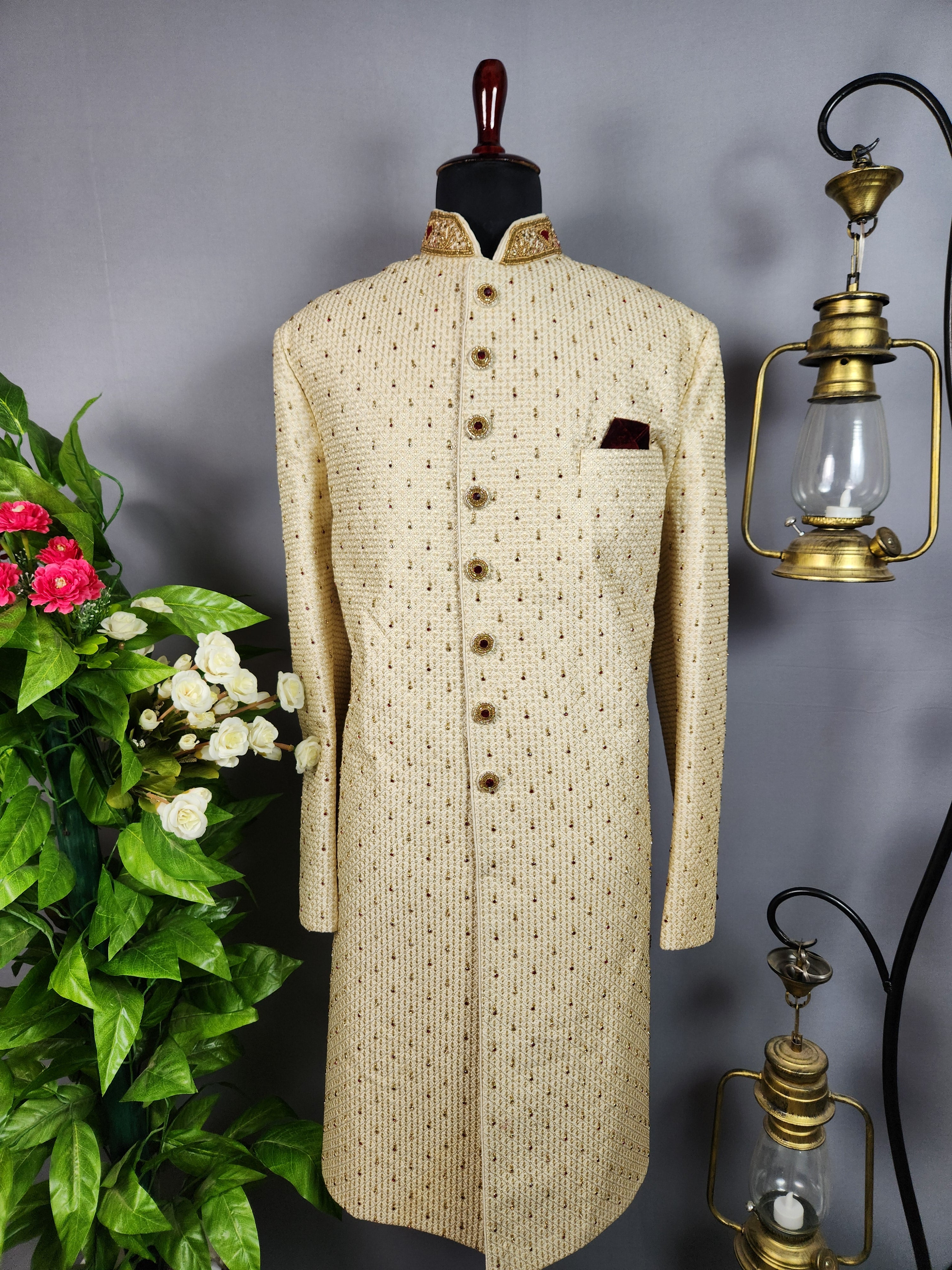 Beige Sherwani for Groom  -   Indian Wedding Outfit for Men