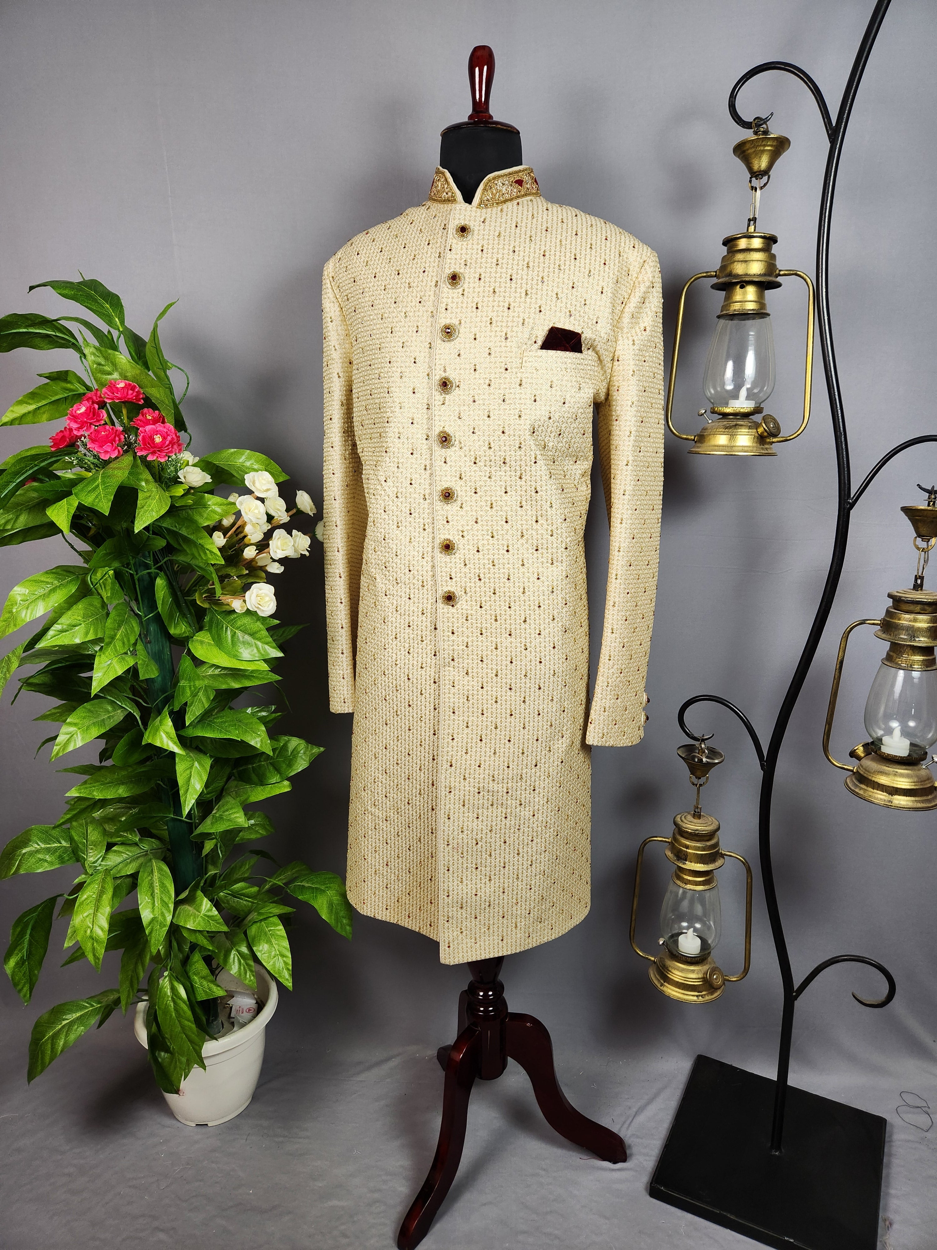 Beige Sherwani for Groom  -   Indian Wedding Outfit for Men