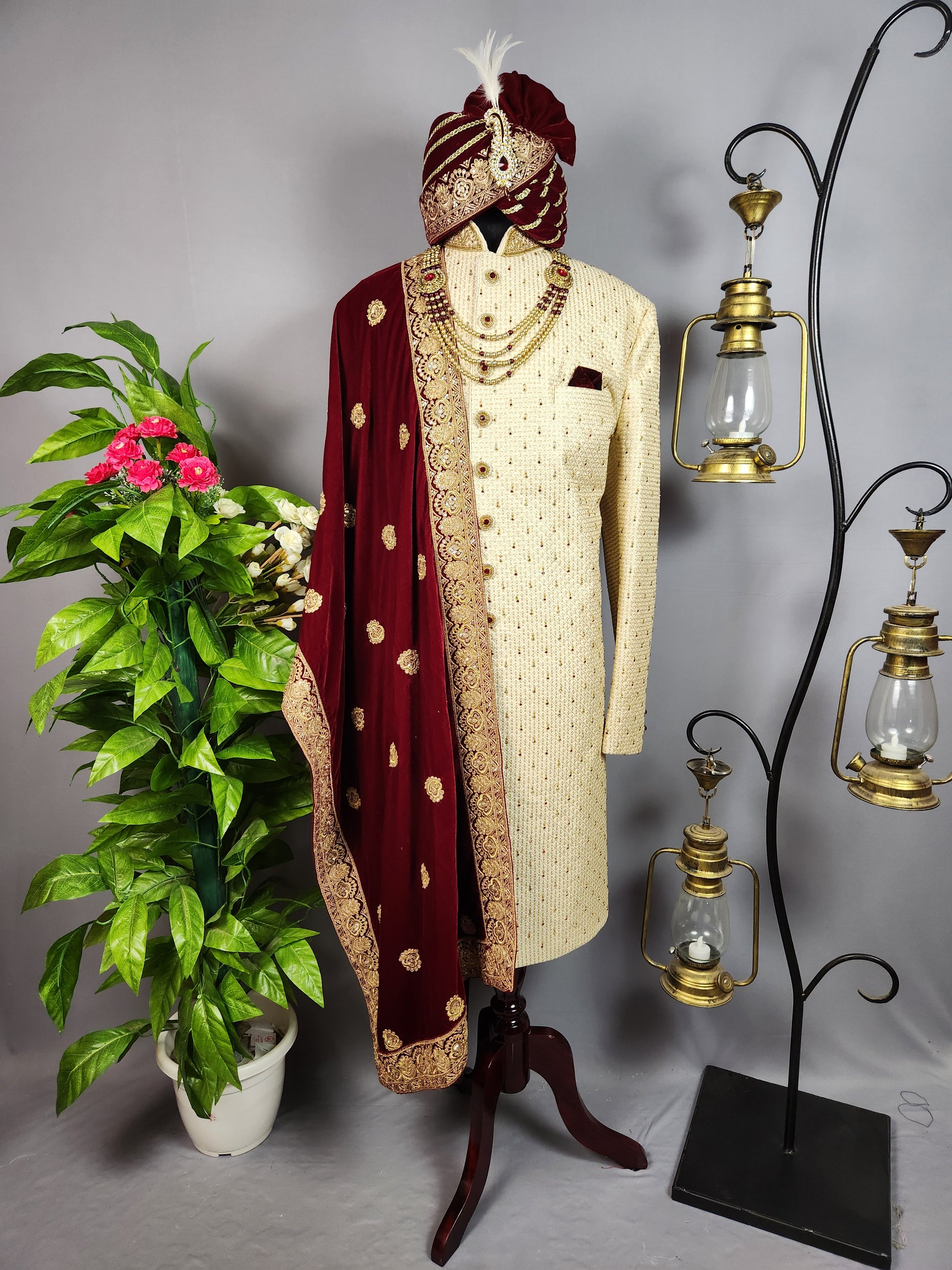 Beige Sherwani for Groom  -   Indian Wedding Outfit for Men