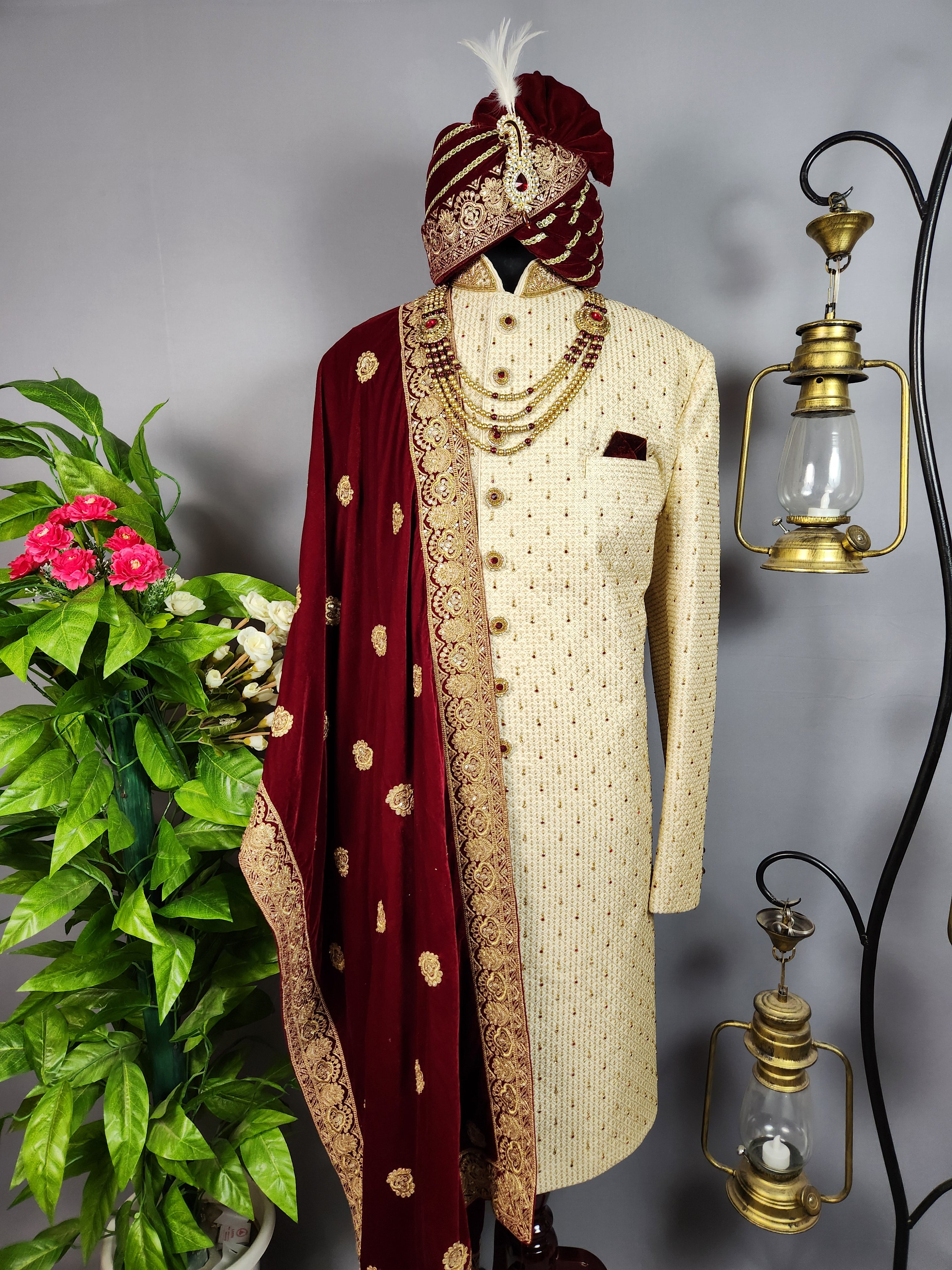 Beige Sherwani for Groom  -   Indian Wedding Outfit for Men