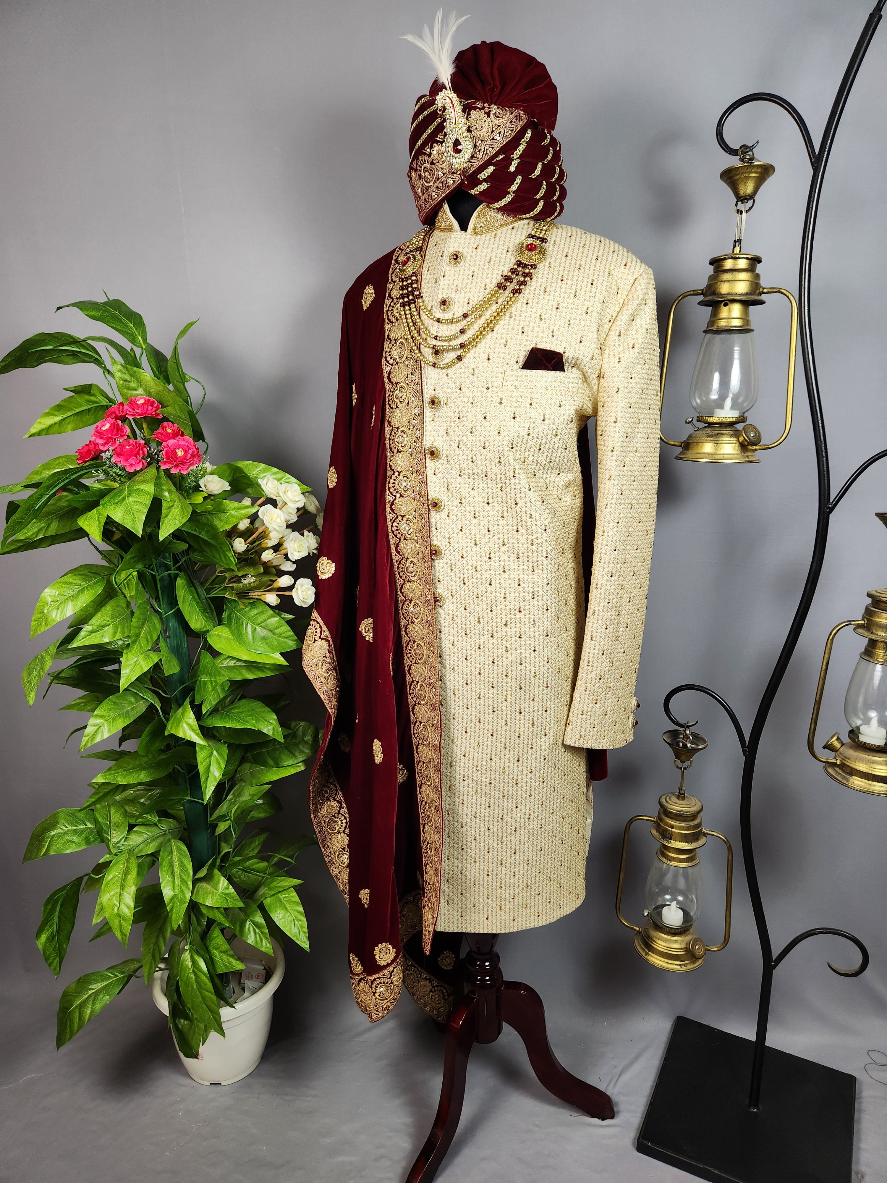 Beige Sherwani for Groom  -   Indian Wedding Outfit for Men