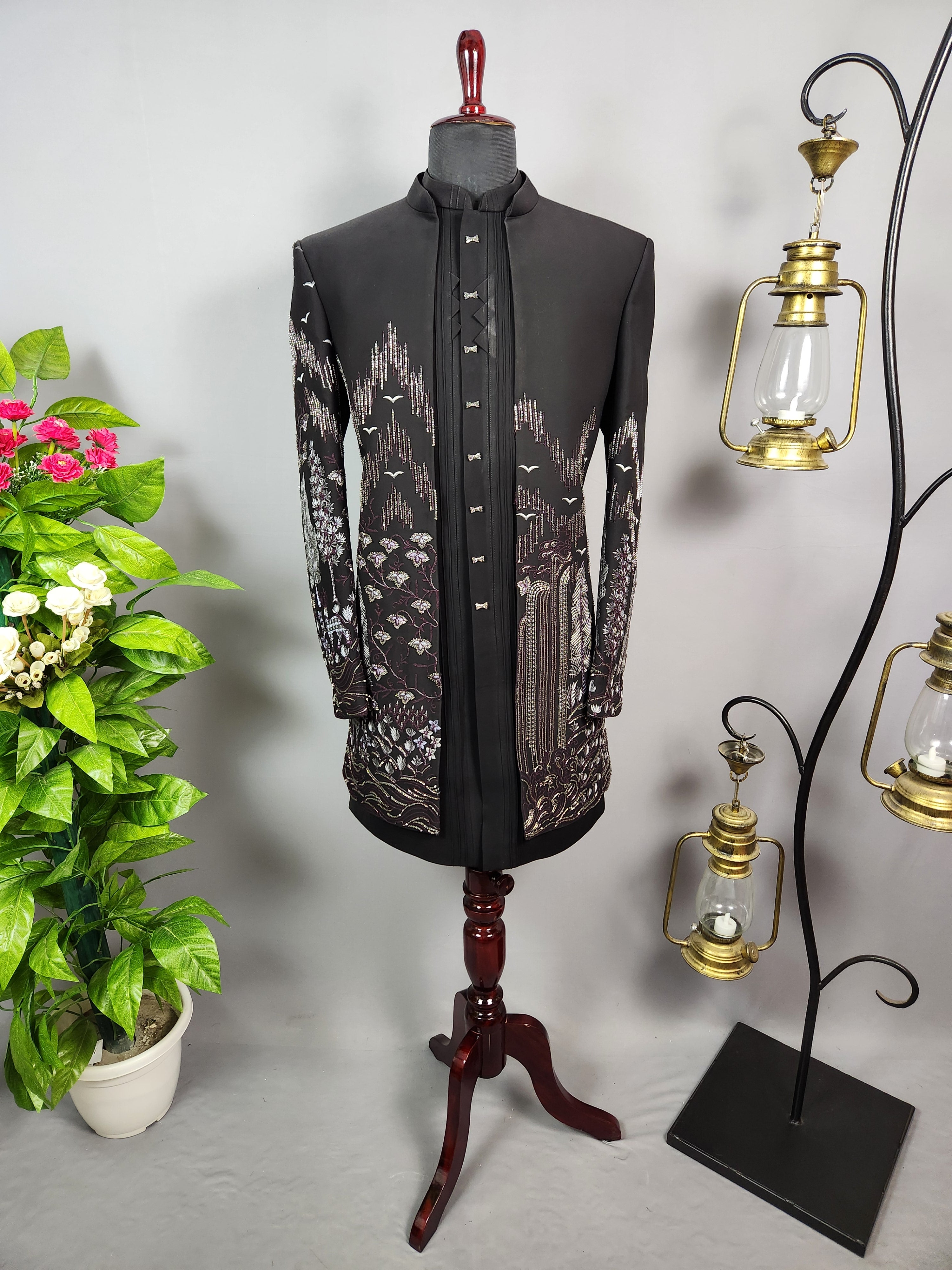 Black Indo-Western Sherwani for Men | Indian Groom Wedding Outfit