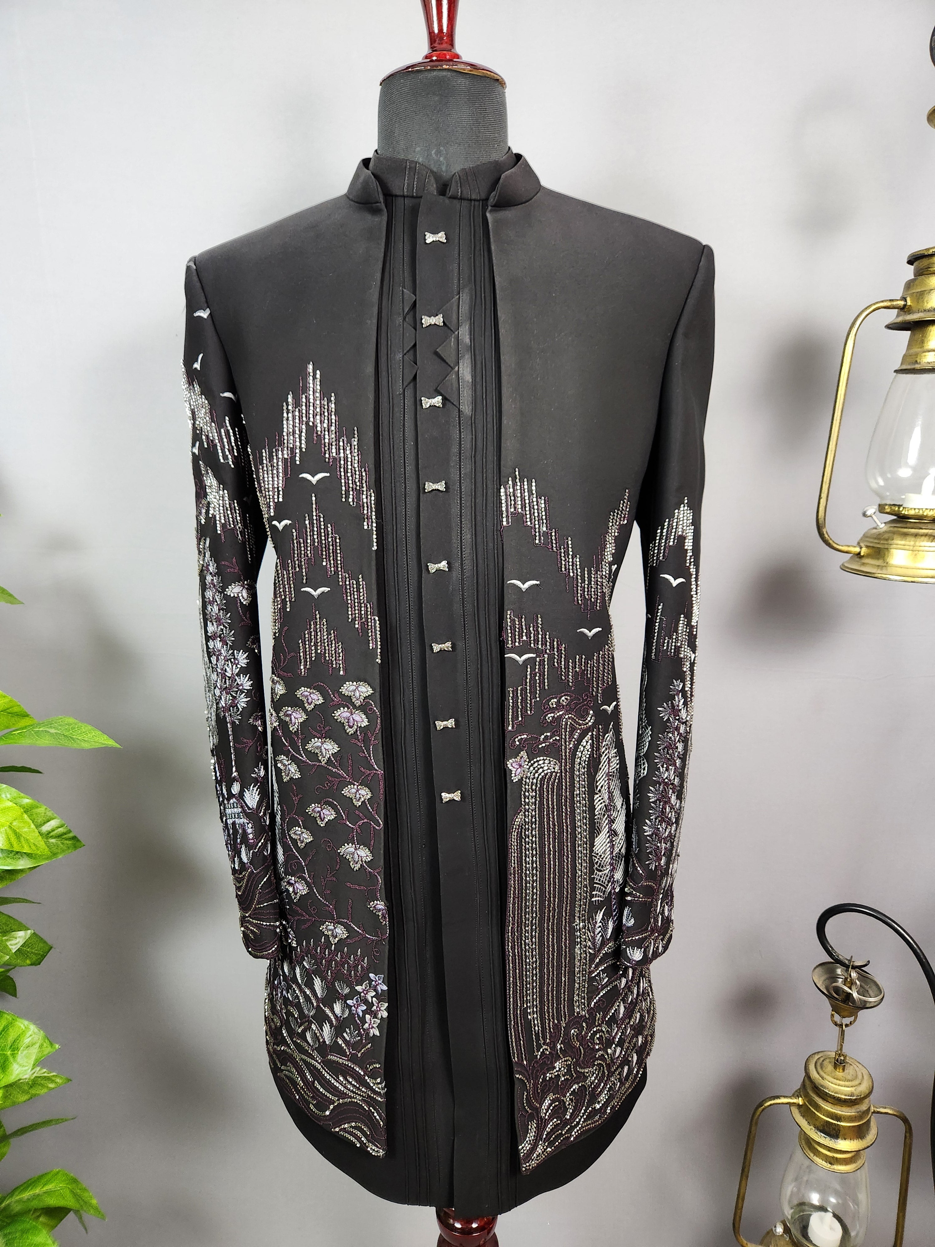 Black Indo-Western Sherwani for Men | Indian Groom Wedding Outfit