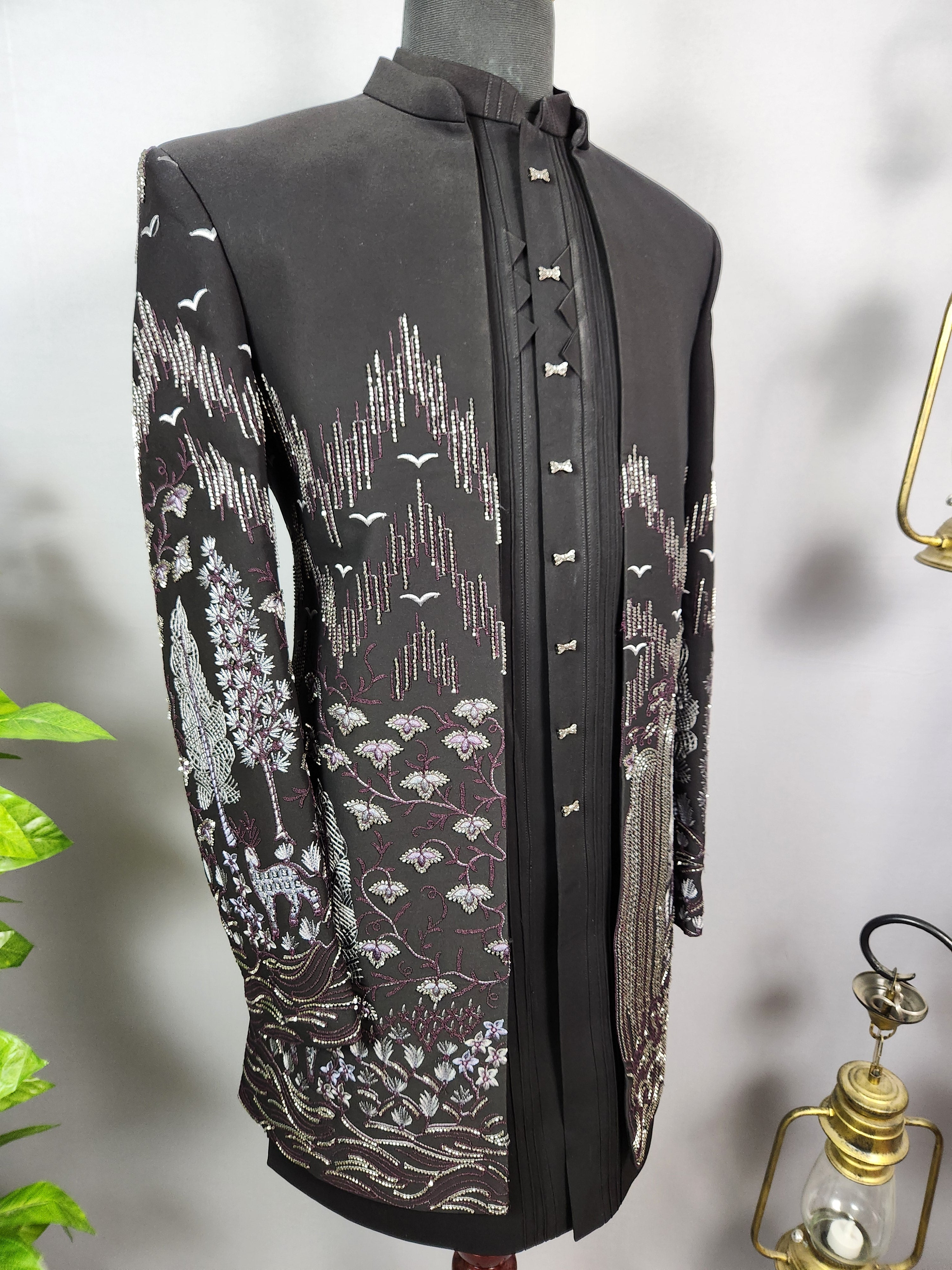 Black Indo-Western Sherwani for Men | Indian Groom Wedding Outfit
