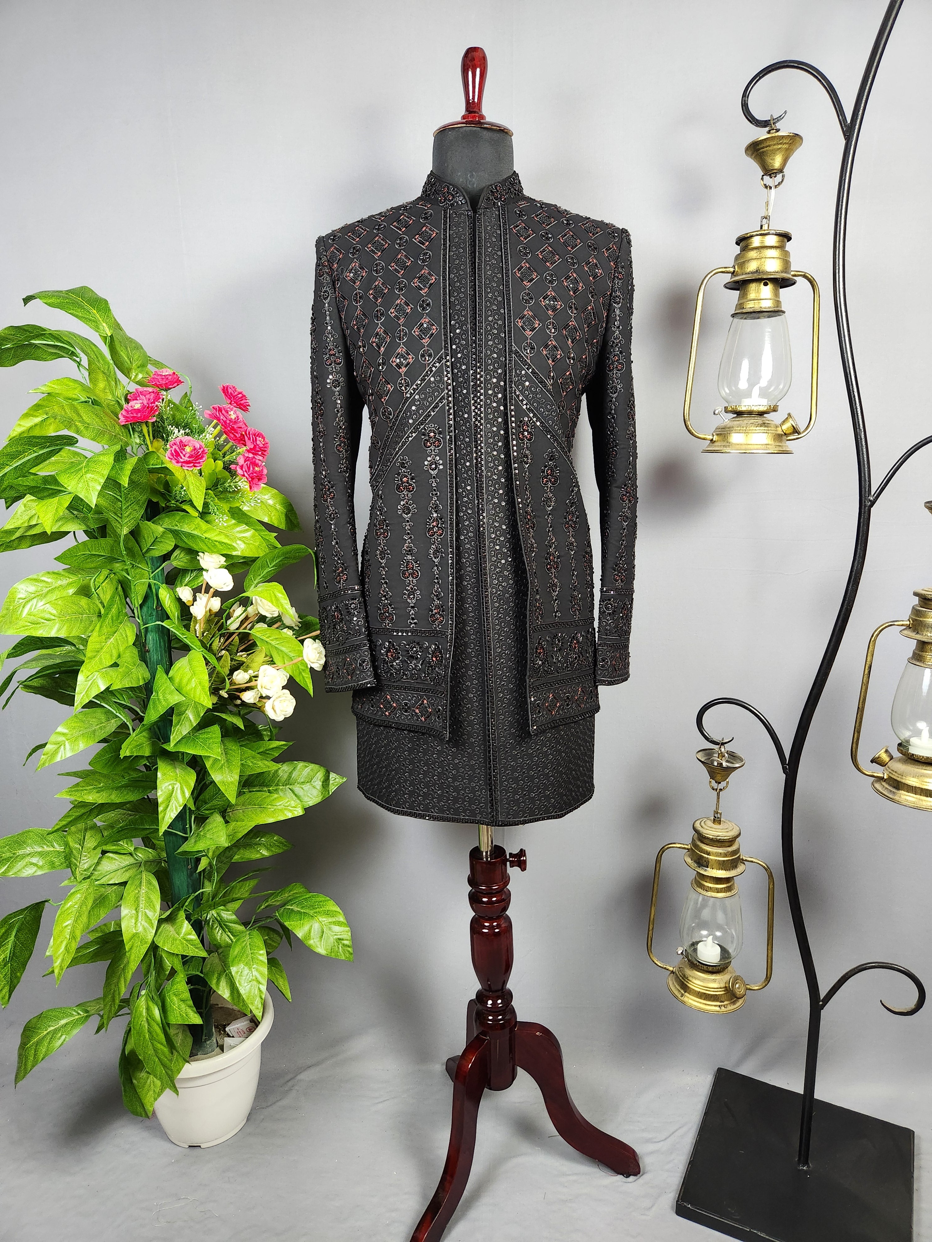 Black Indo-Western Sherwani for Groom  -   Indian Wedding Outfit for Men