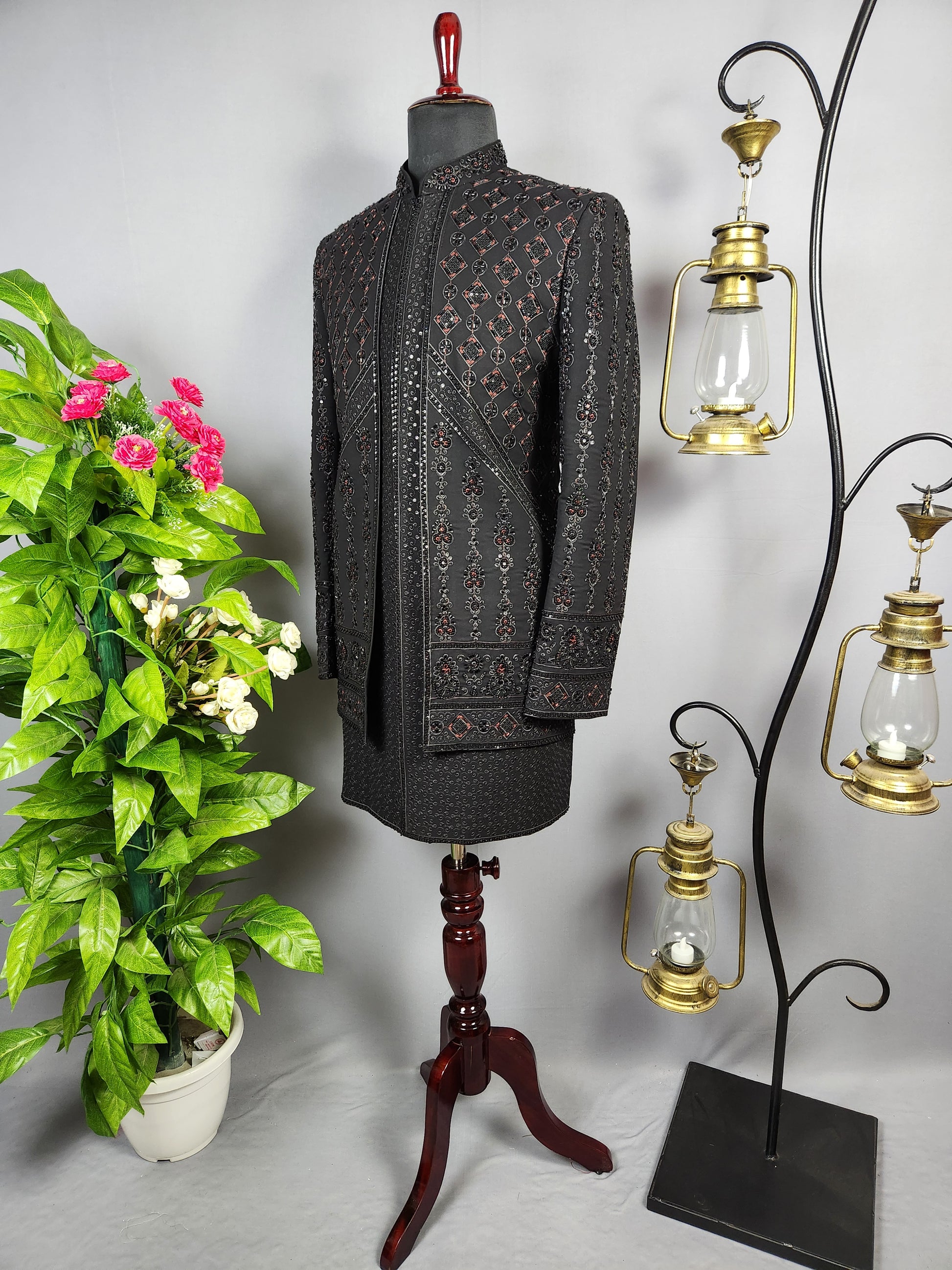 Black Indo-Western Sherwani for Groom  -   Indian Wedding Outfit for Men