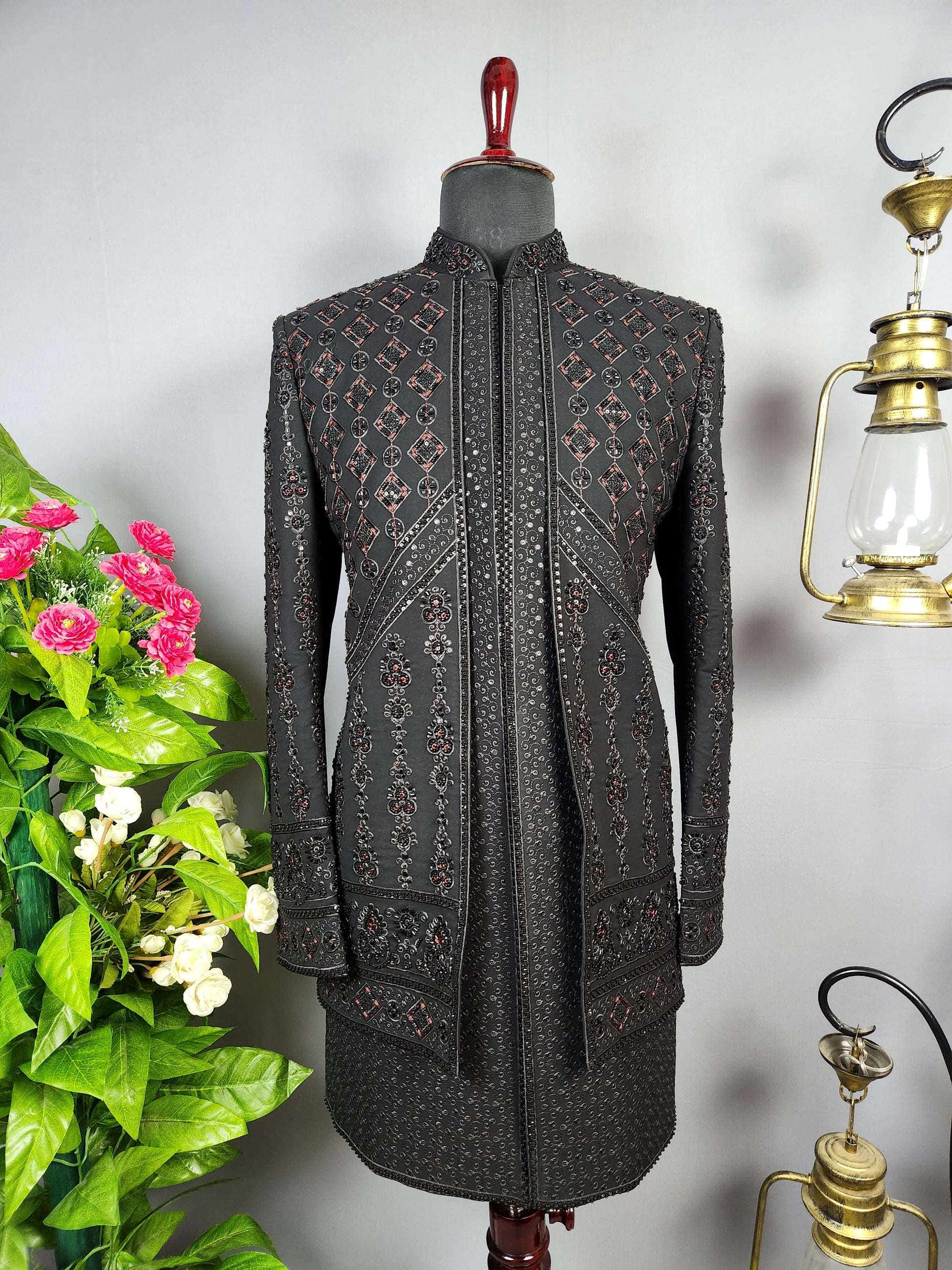 Black Indo-Western Sherwani for Groom  -   Indian Wedding Outfit for Men