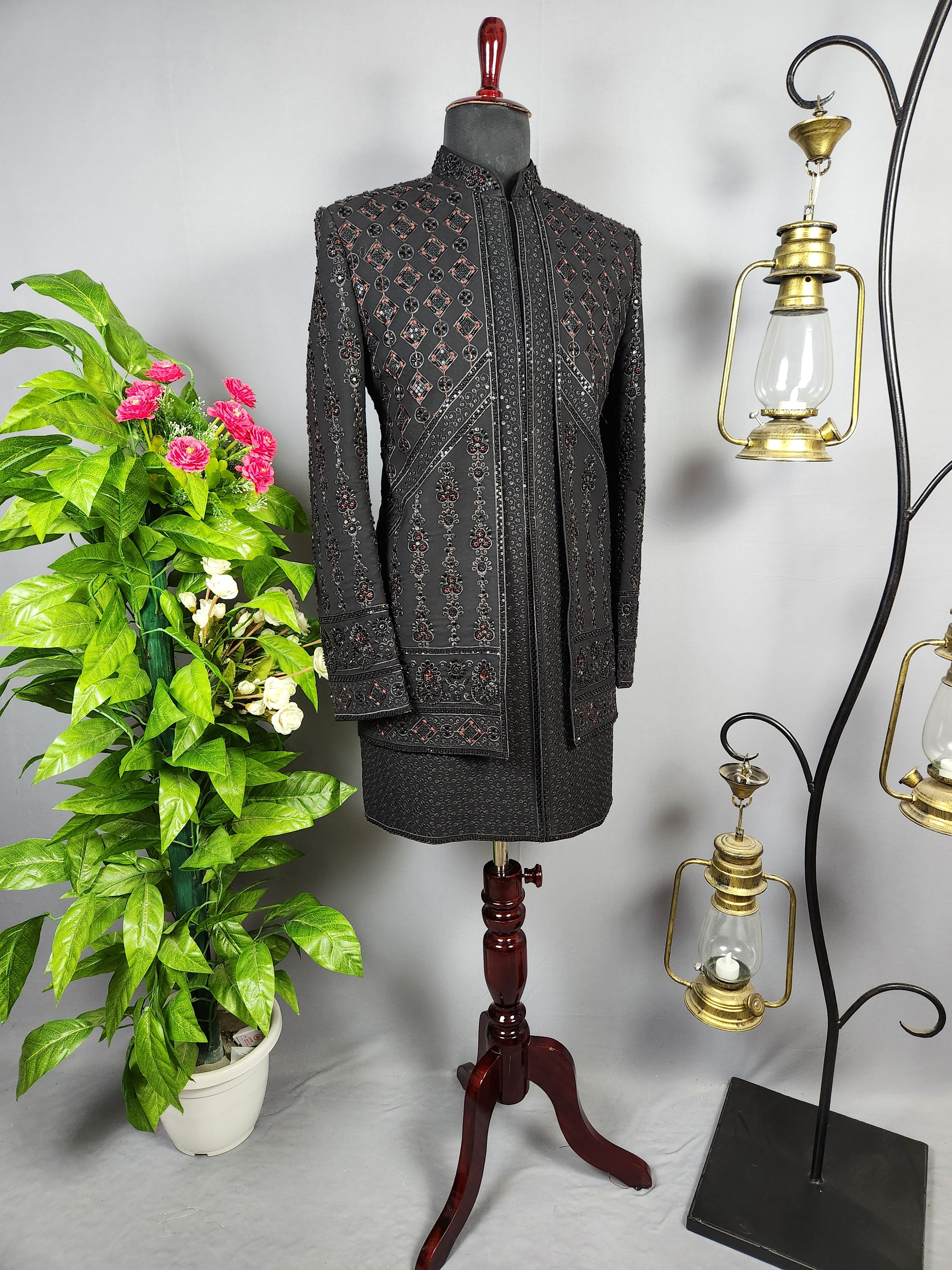 Black Indo-Western Sherwani for Groom  -   Indian Wedding Outfit for Men