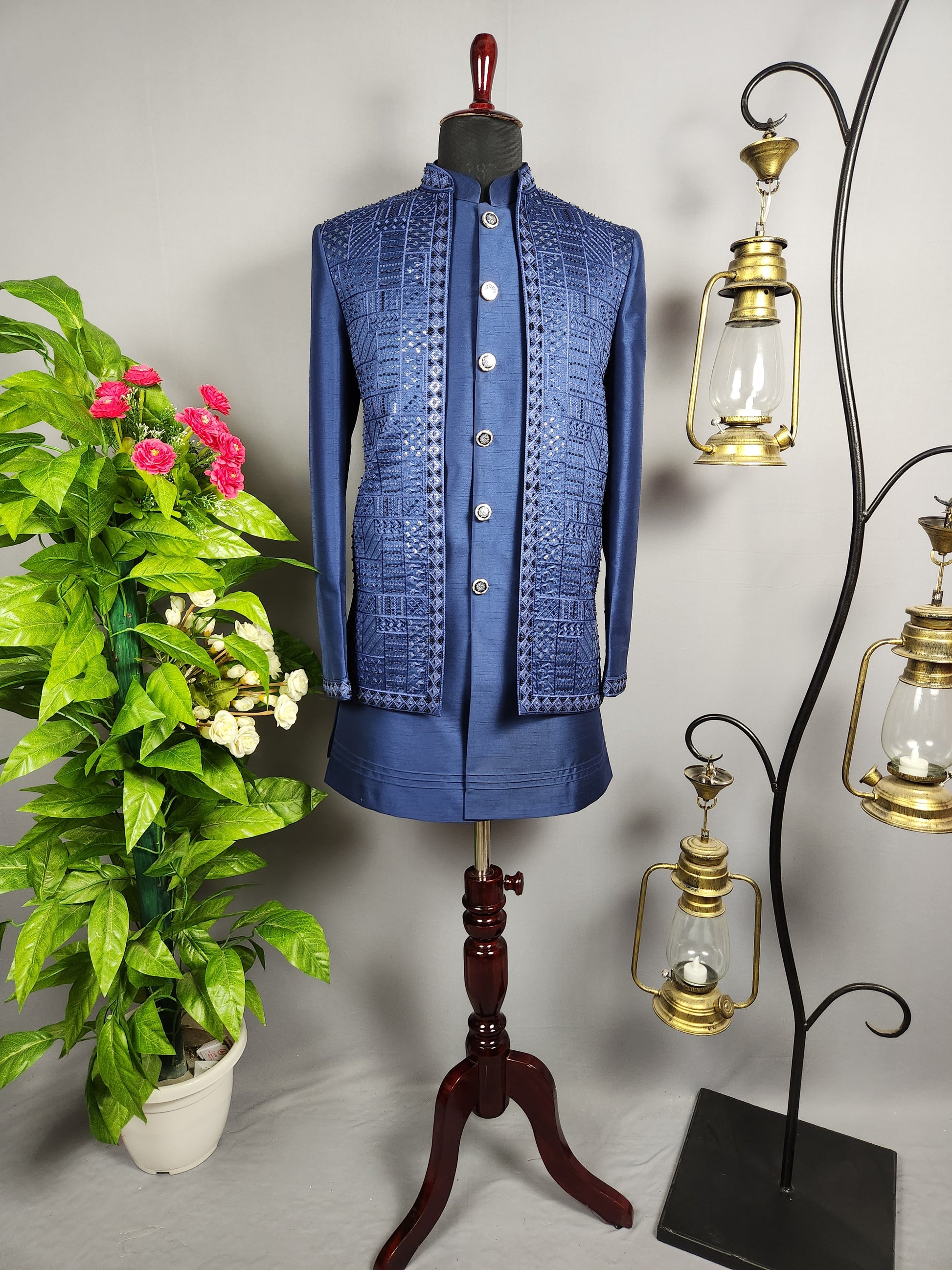 Blue Indo-Western Sherwani for Groom -  Indian Wedding Outfit for Men