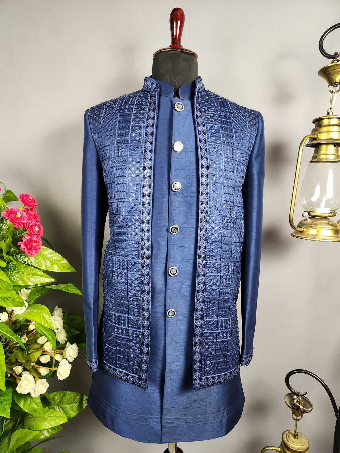 Blue Indo-Western Sherwani for Groom -  Indian Wedding Outfit for Men