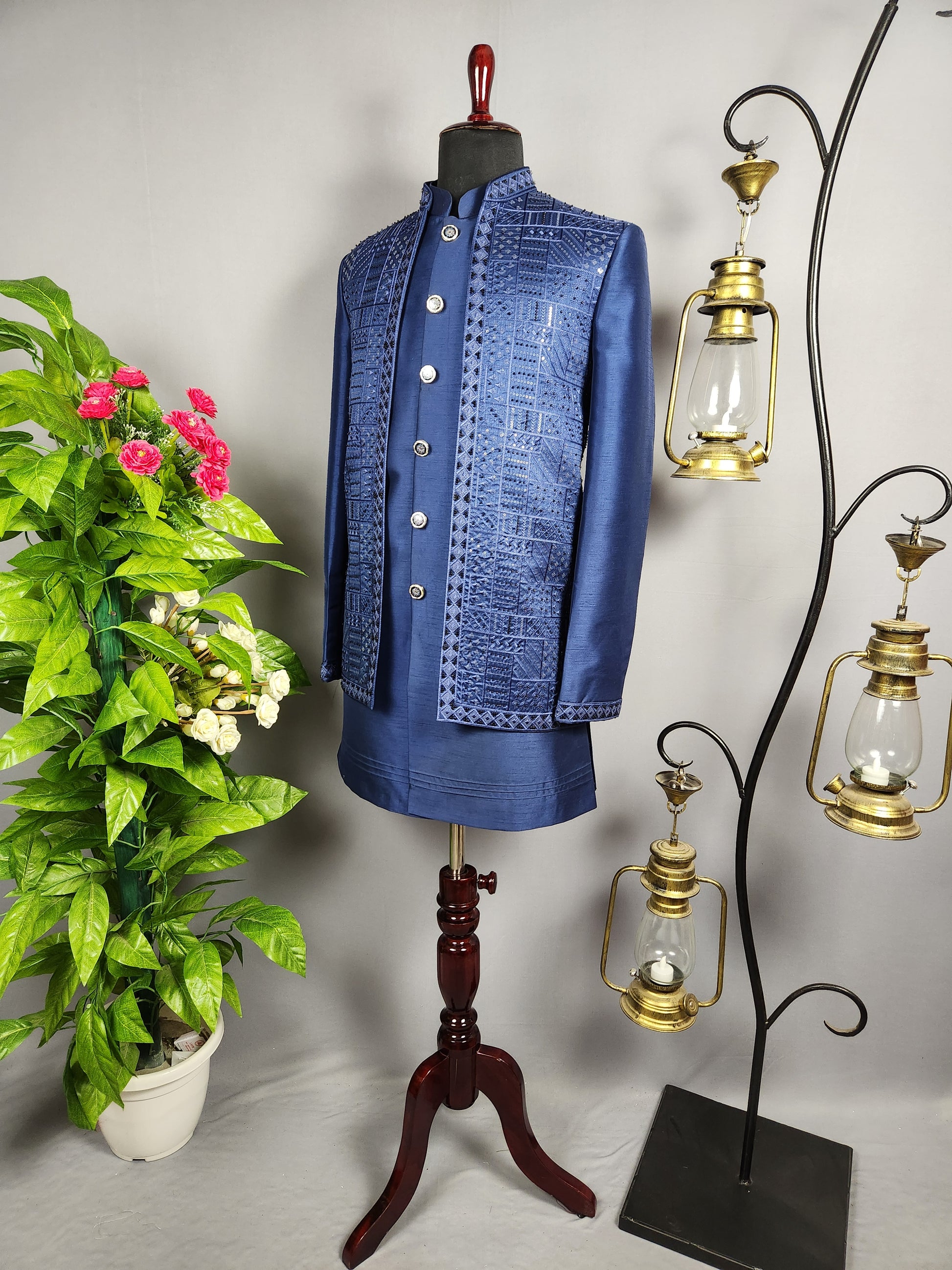 Blue Indo-Western Sherwani for Groom -  Indian Wedding Outfit for Men