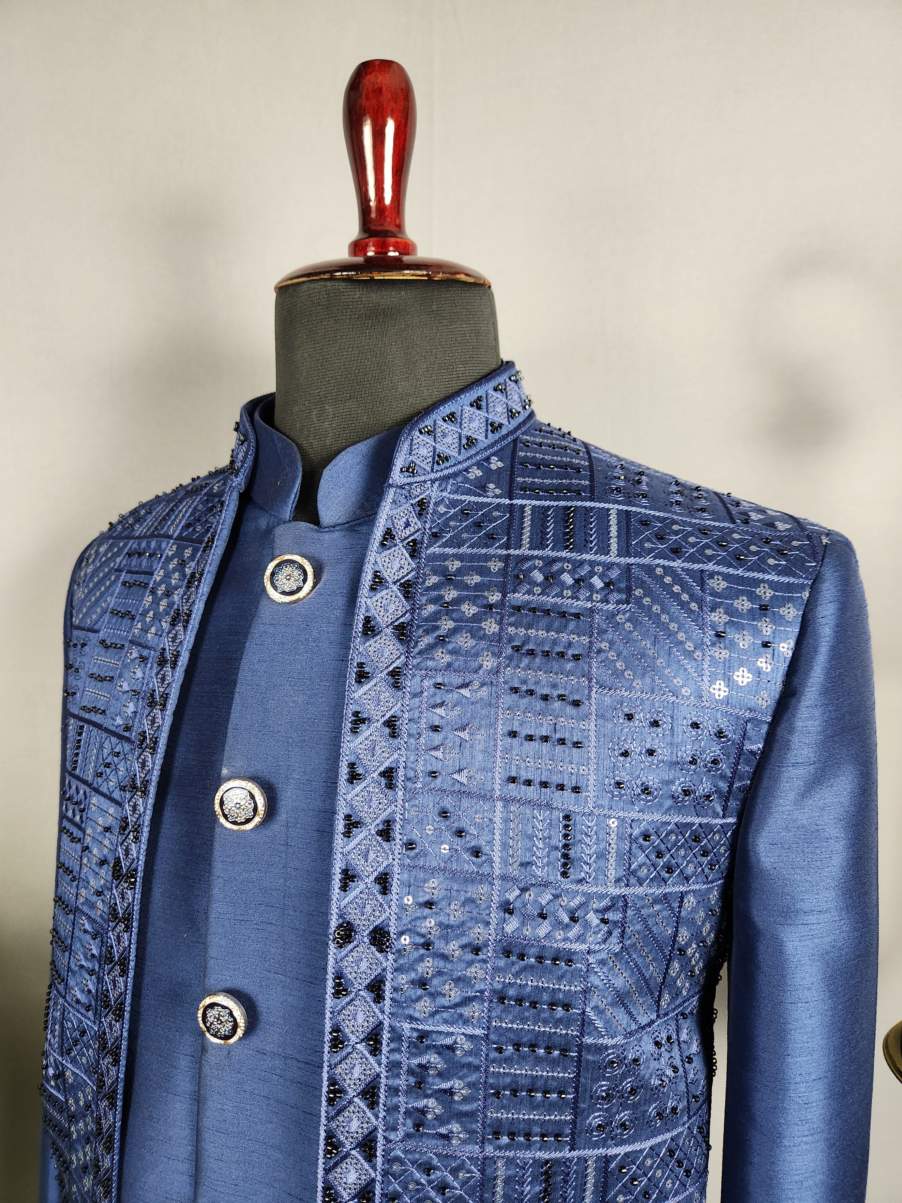 Blue Indo-Western Sherwani for Groom -  Indian Wedding Outfit for Men