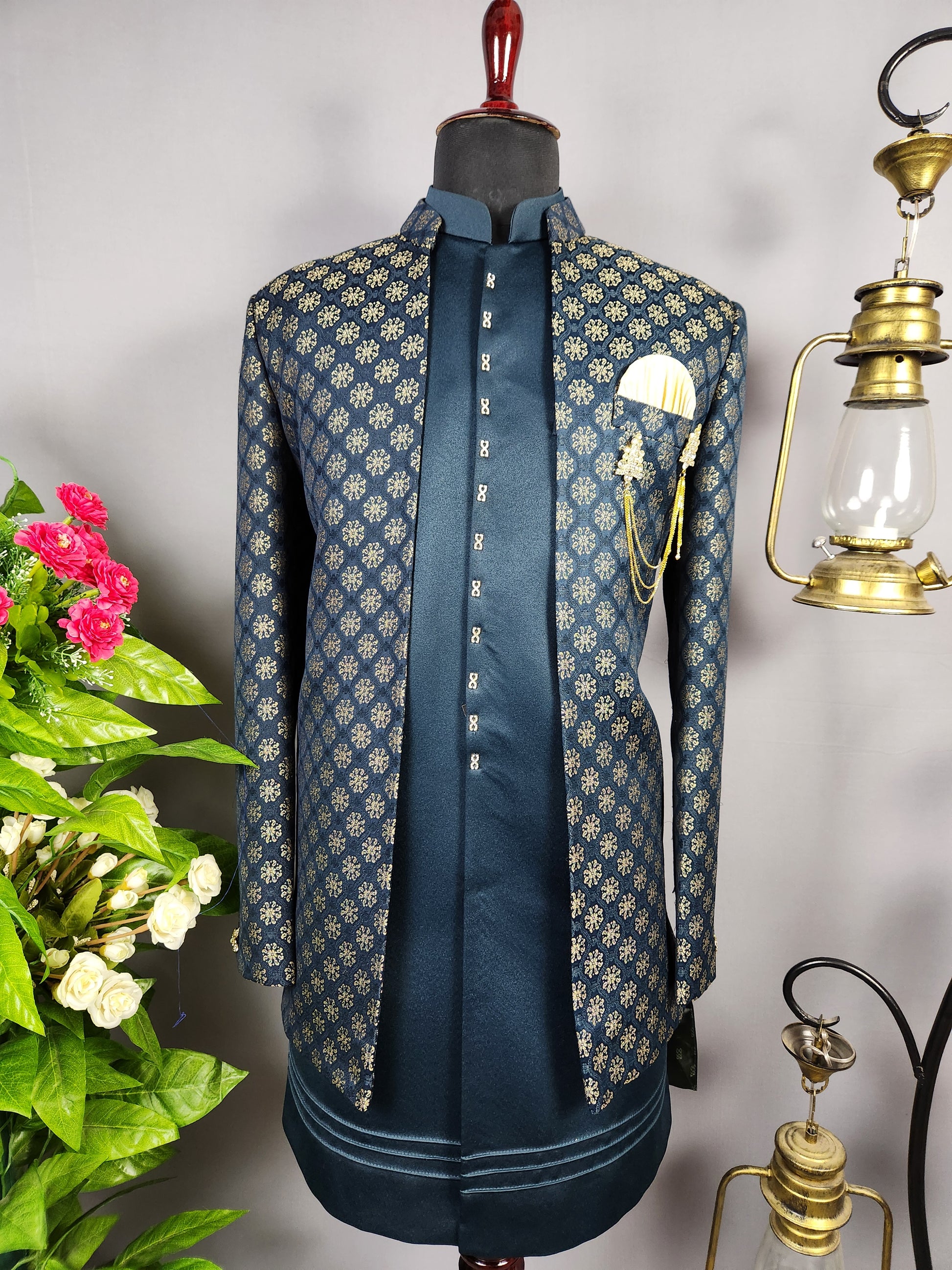 Blue Indo-Western Sherwani for Groom -  Indian Wedding Outfit for Men