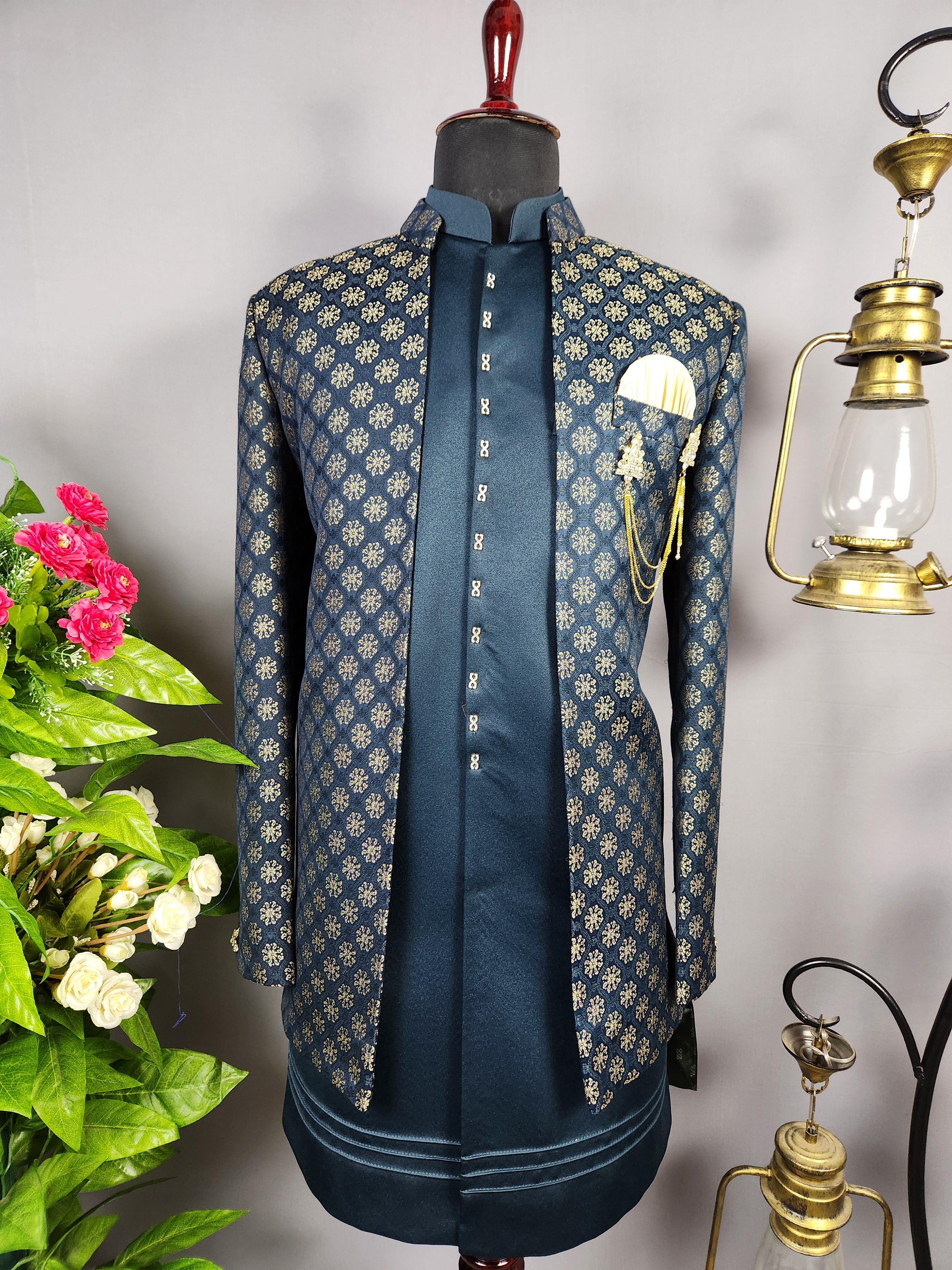 Blue Indo-Western Sherwani for Groom -  Indian Wedding Outfit for Men